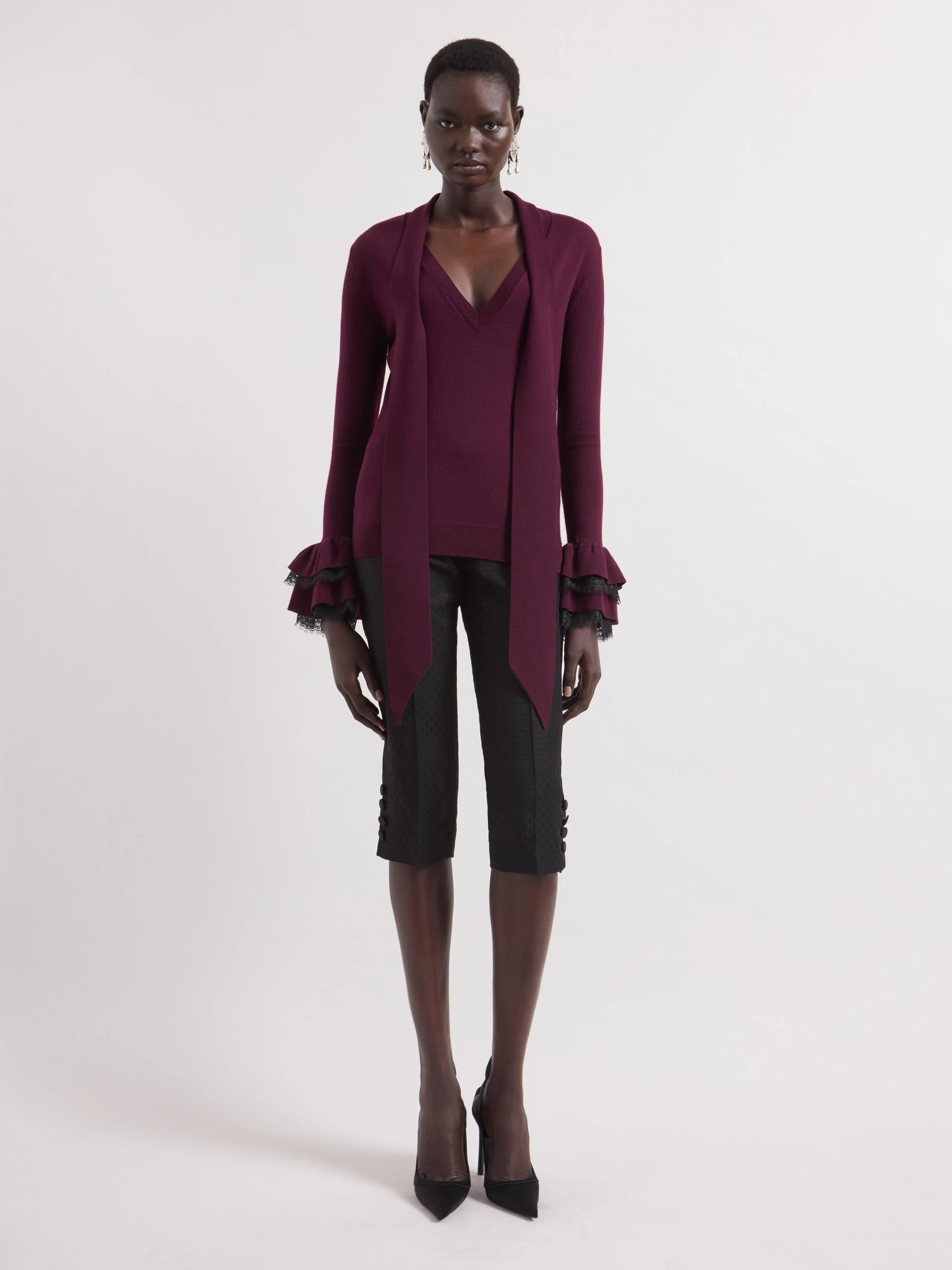 Burgundy V-Neck Wool Sweater - 1