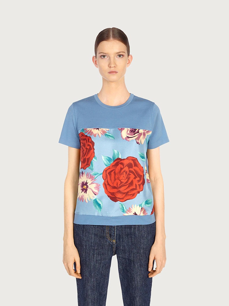 SHORT SLEEVED TOP WITH SILK INLAYS - 2