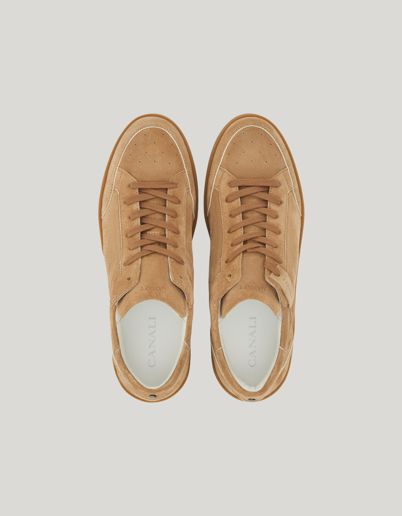CANALI NUVOLA HAZELNUT SUEDE SNEAKERS WITH IVORY PIPING 4