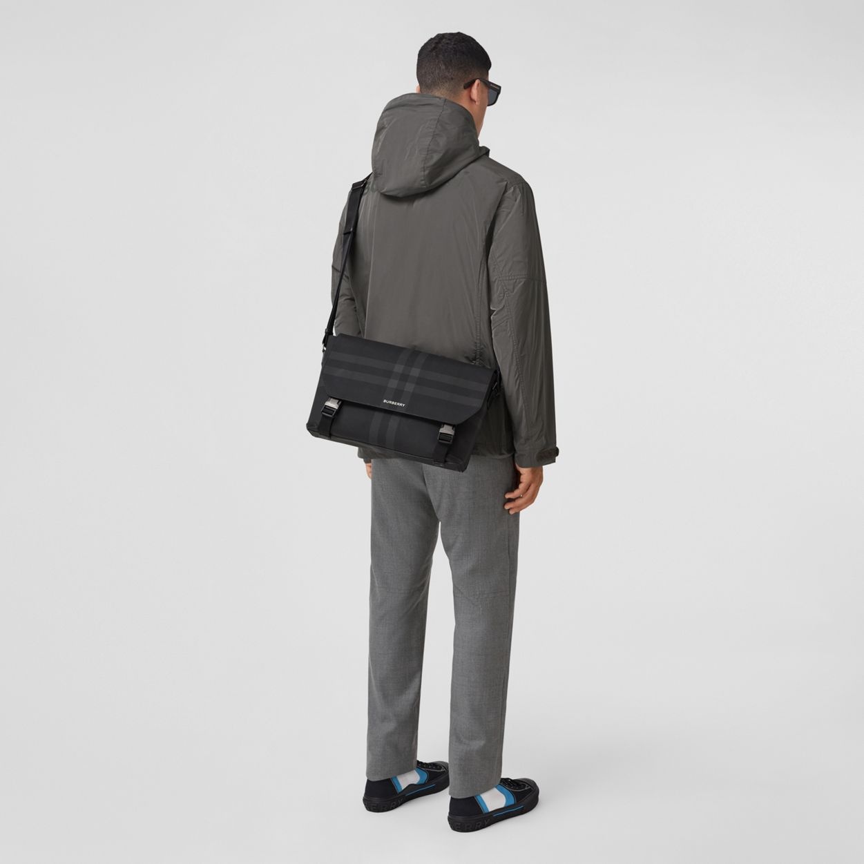 Charcoal Check and Leather Large Messenger Bag - 6