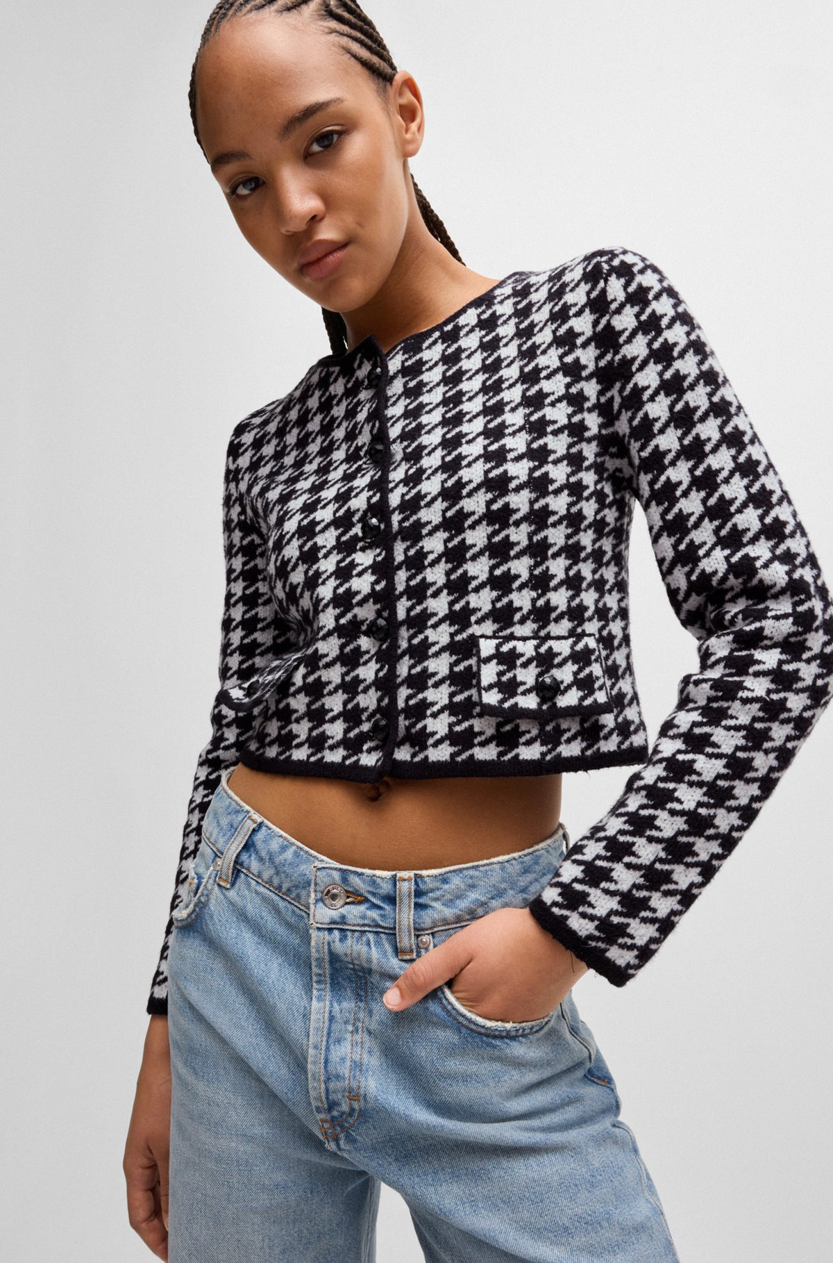 CROPPED CARDIGAN IN A HOUNDSTOOTH COTTON BLEND - 5
