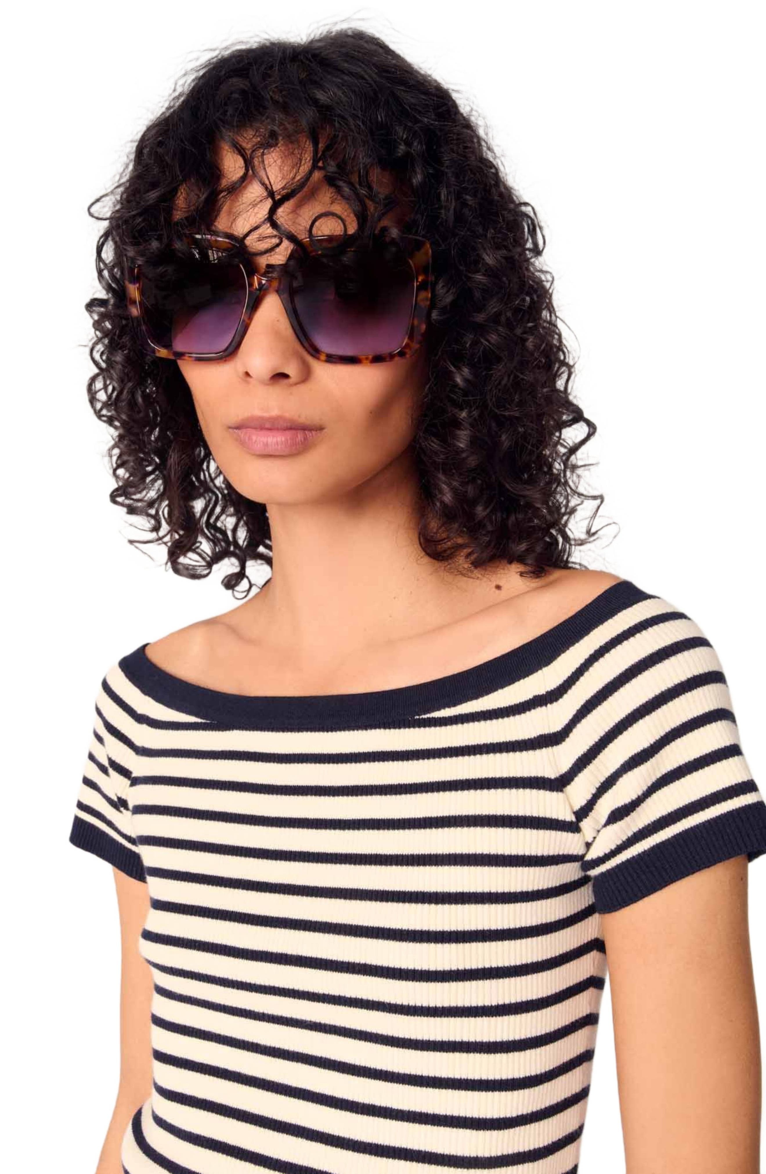maje Rib knit short sleeve boat neck top in Navy /Ecru at Nordstrom - 6