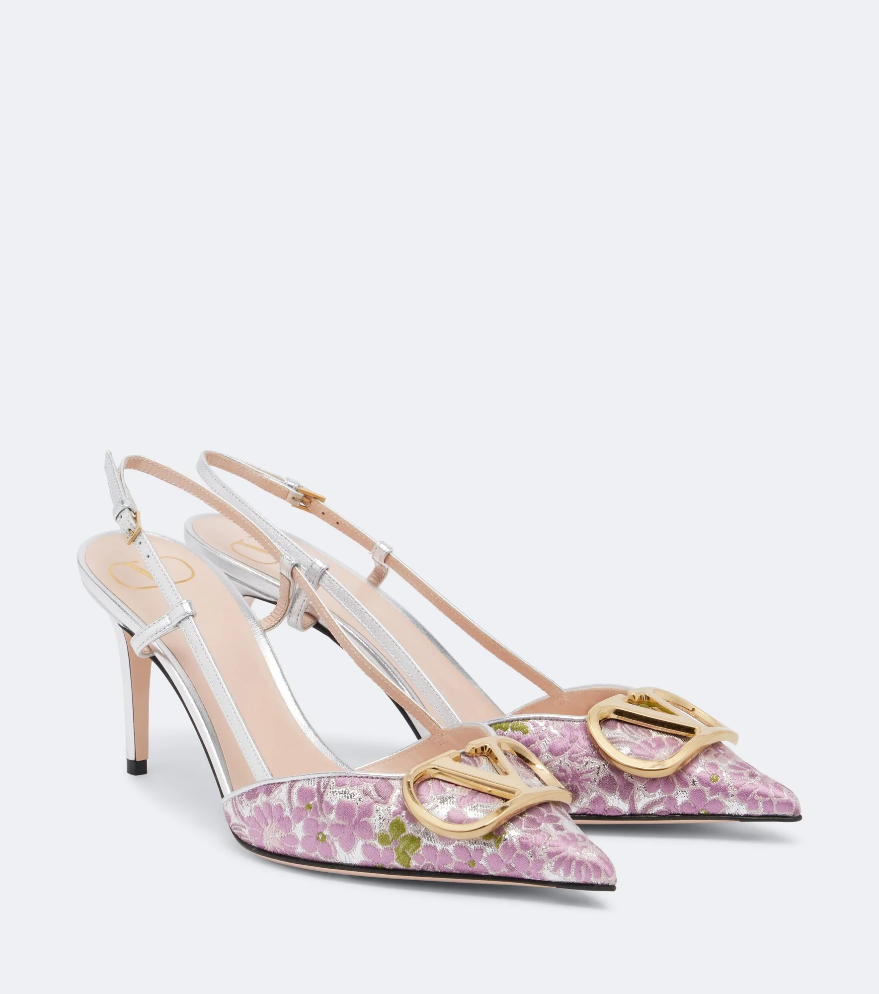 VLogo floral leather-trimmed slingback pumps - 1
