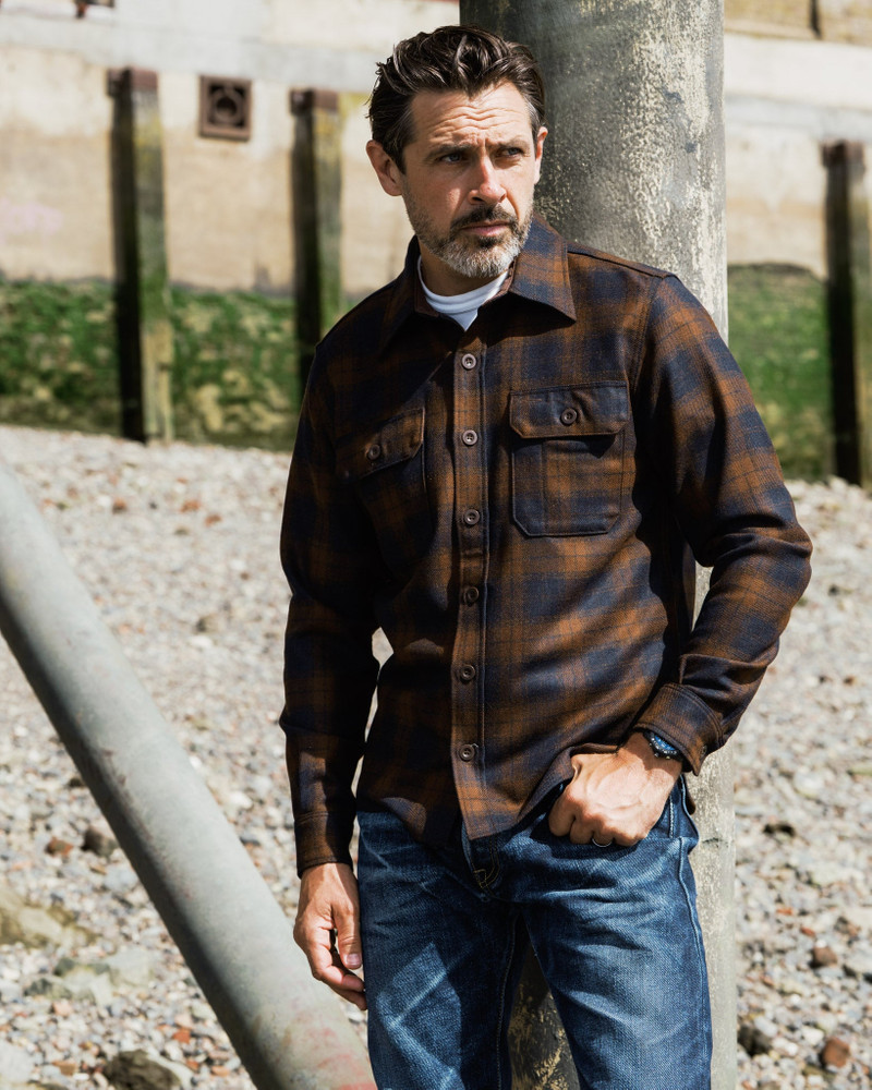IHDR-434-BOT 14OZ FOX BROTHERS® WOOL CPO SHIRT - BOTTLE BROWN ADMIRAL CHECK 5