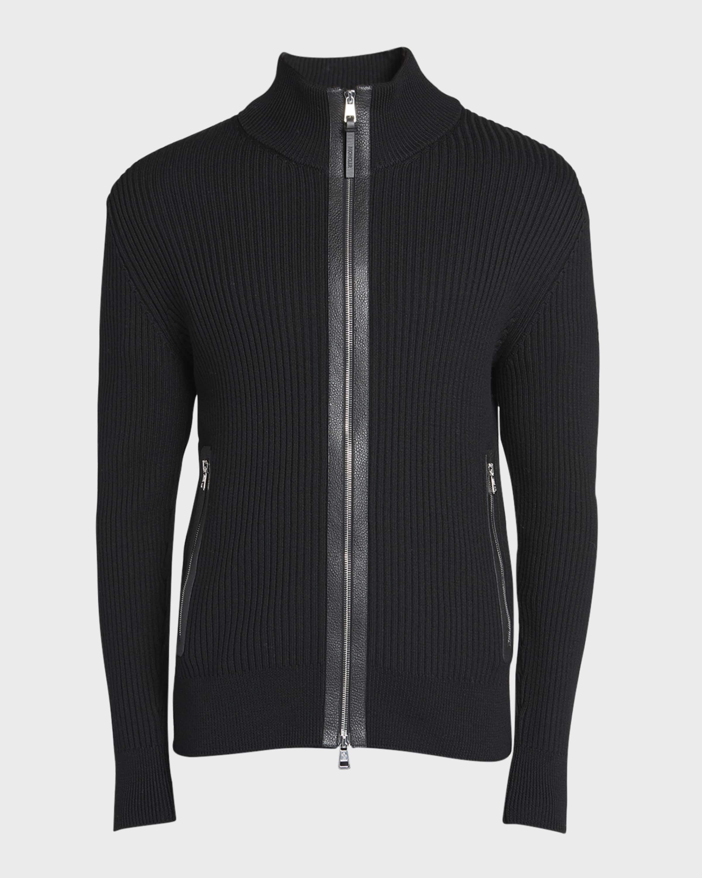 Men's Ribbed Cardigan with Leather Trim - 1