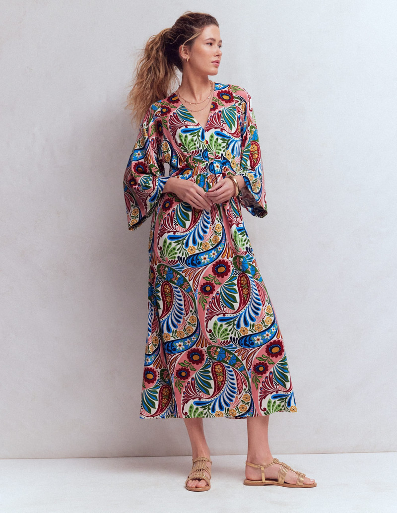 Nell Kimono Midi Jersey Dress-Multi, Enchanted Paisley - 1