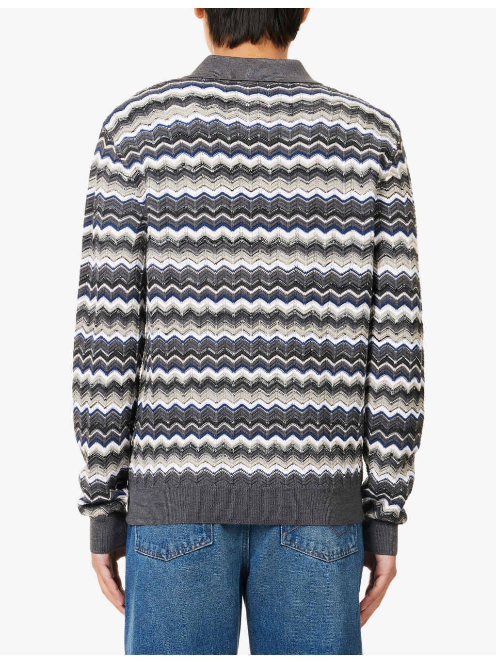 Zig-Zag Pattern Long-Sleeve Cotton And Wool Polo Shirt - 4