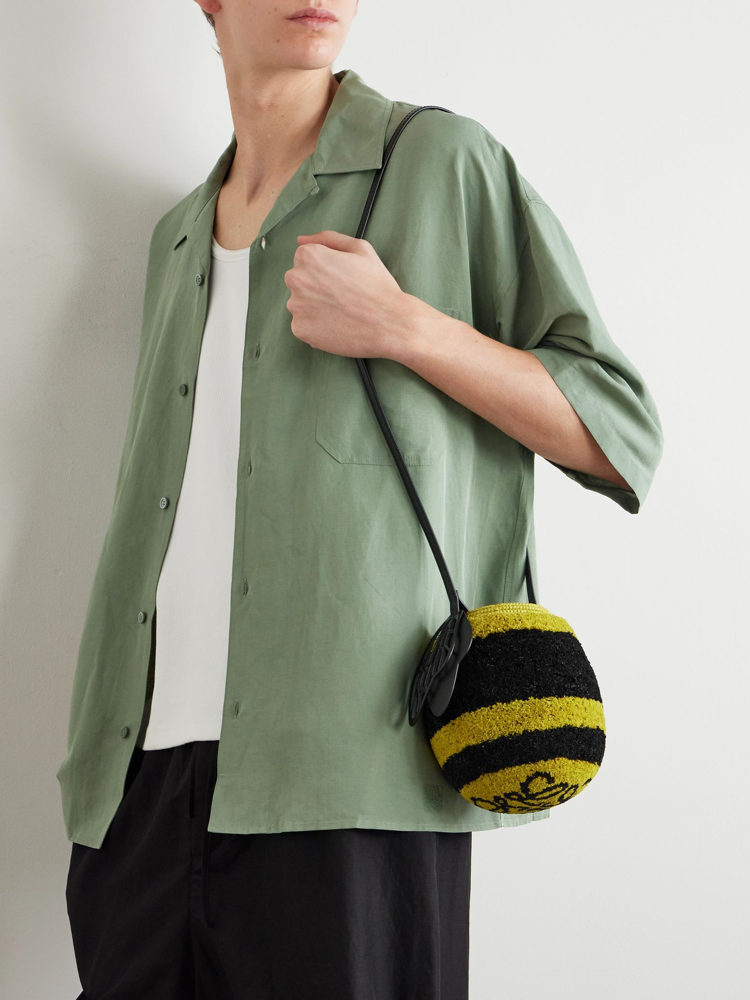 + Paula's Ibiza Leather-Trimmed Striped Raffia Bucket Bag Black - 2