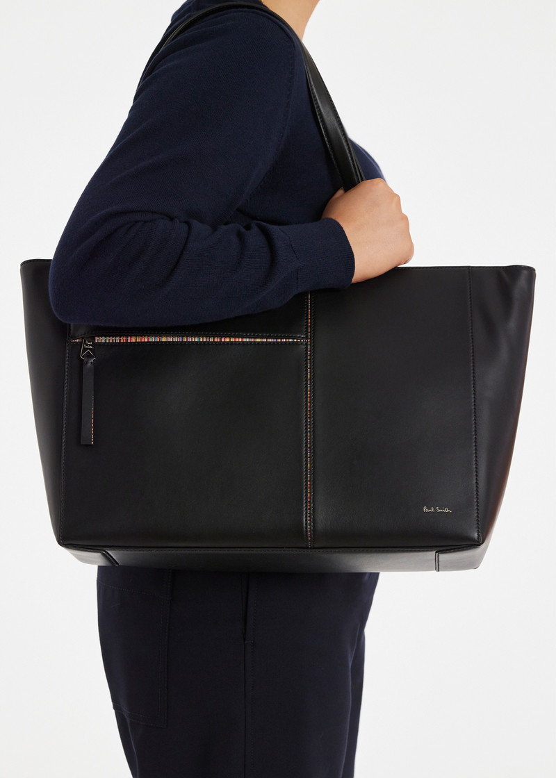 Paul Smith Women's Black Leather 'Signature Stripe' Trim Tote Bag outlook