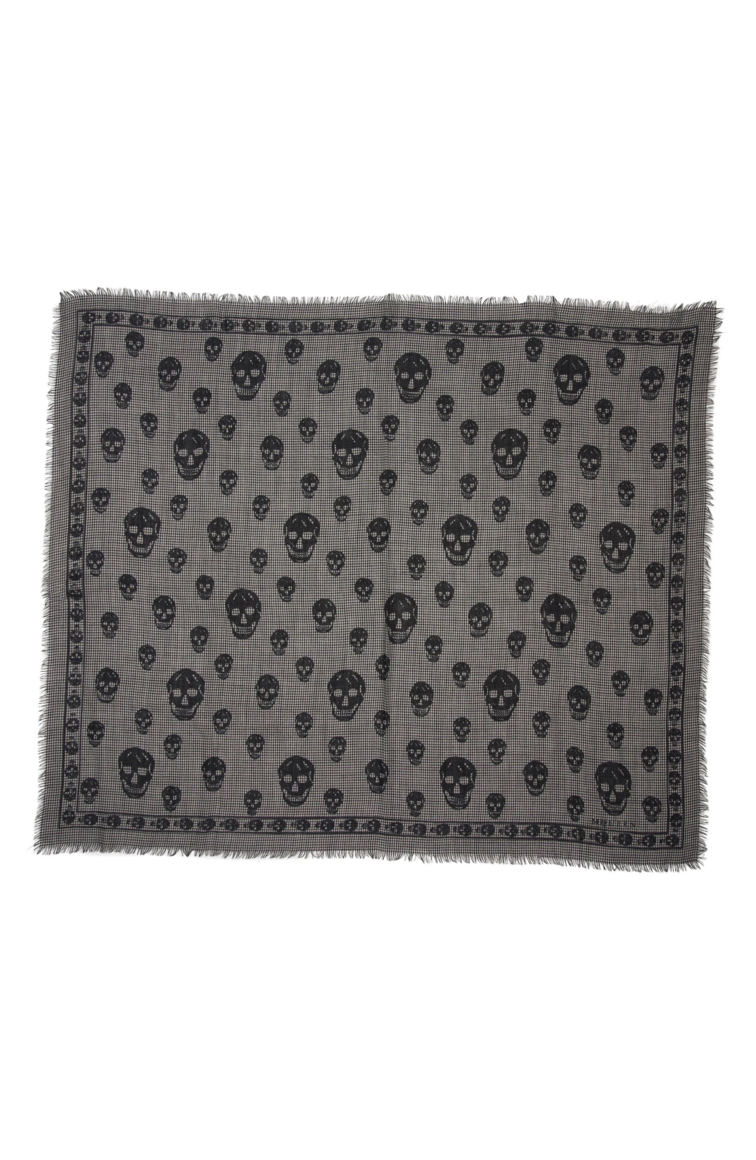 McQueen Skull Houndstooth Wool & Silk Fringe Scarf in Black/Ivory at Nordstrom - 3