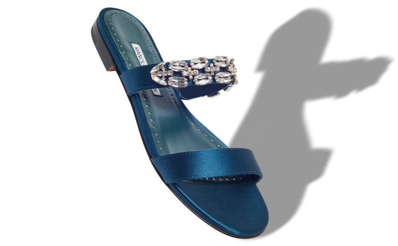 Manolo Blahnik Navy Blue Satin Embellished Flat Sandals outlook