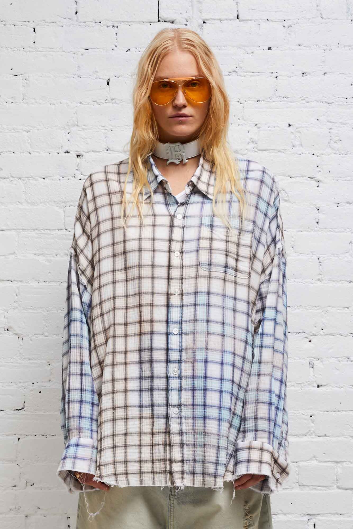 SHREDDED SEAM DROP NECK SHIRT - BLEACHED PLAID - 2