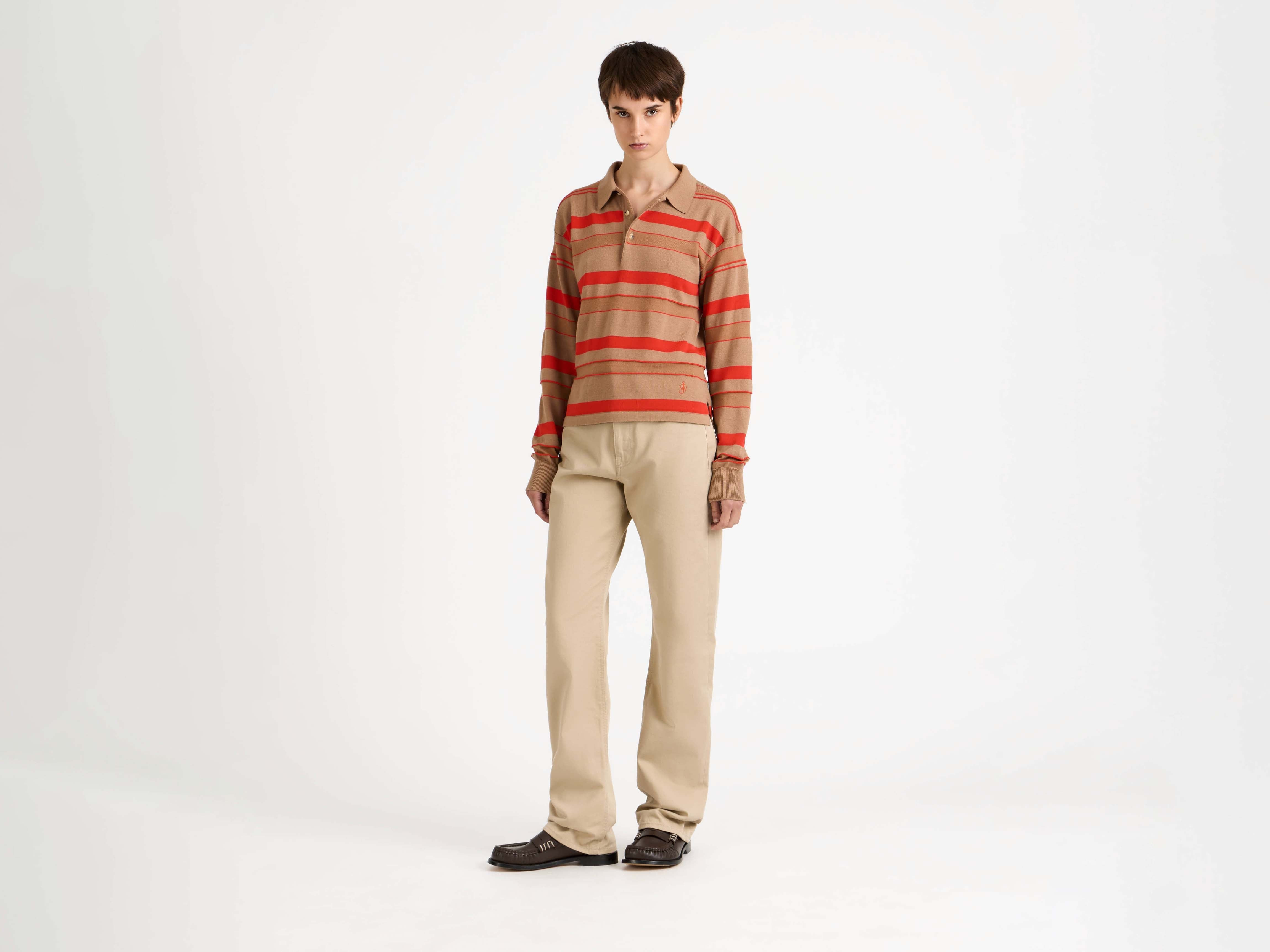 KNITTED STRIPED RUGBY POLO TOP IN BISCUIT - 2