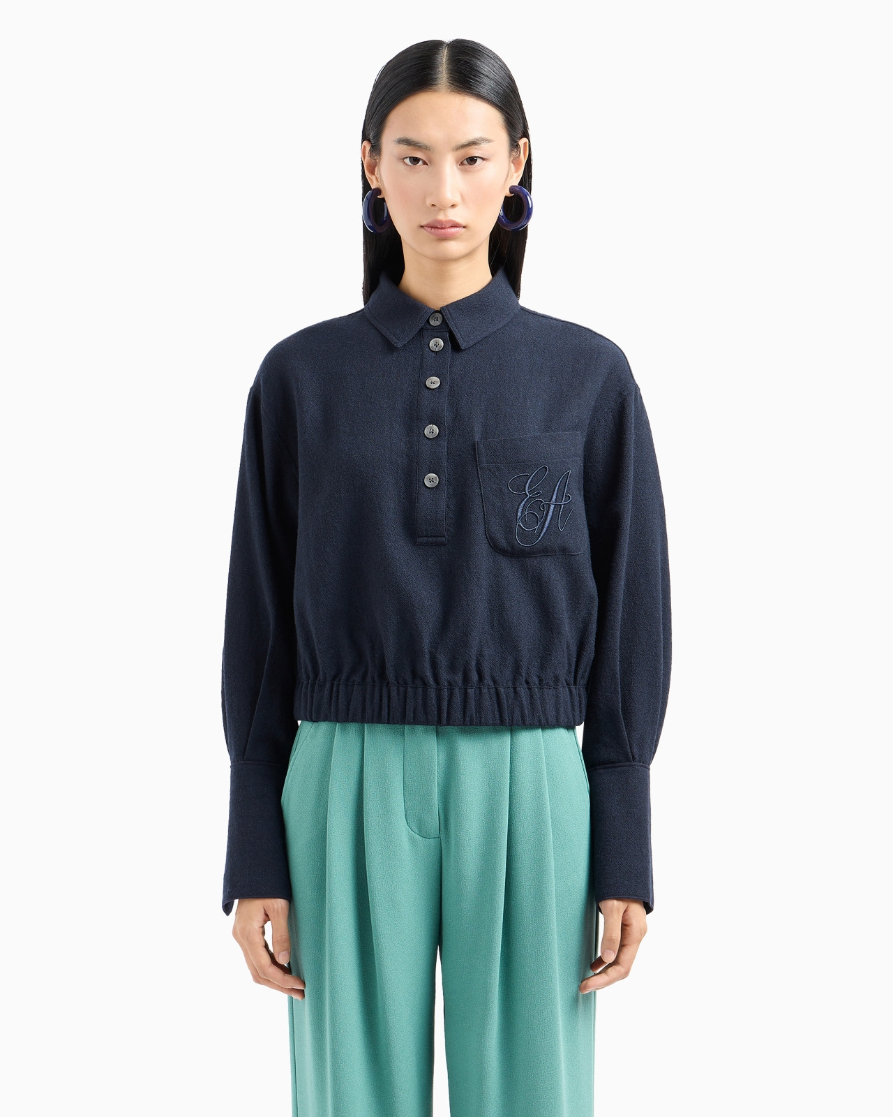 Washed wool crêpe shirt with a polo collar and EA signature embroidery - 2