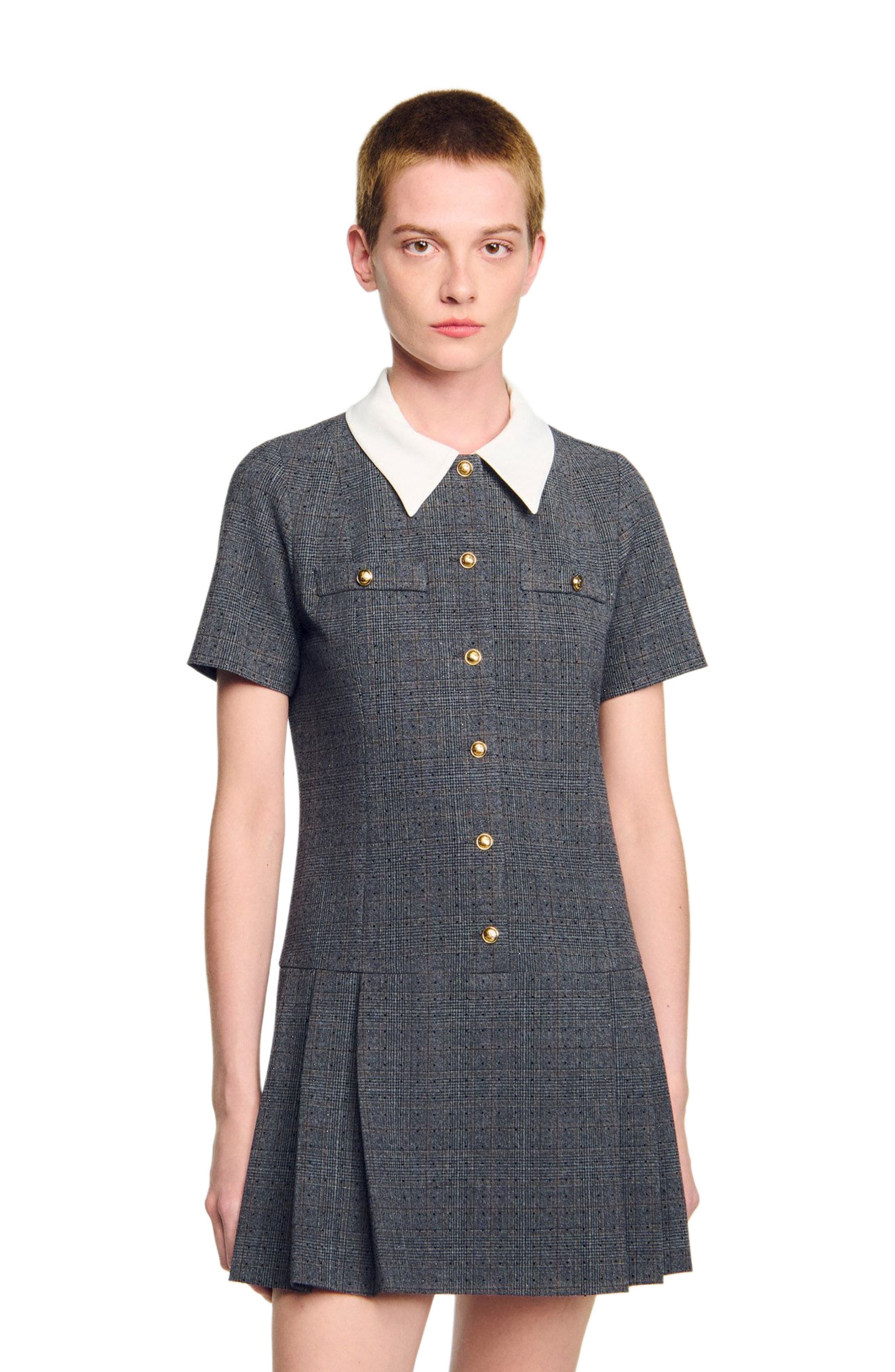 SANDRO Short pleated dress with rhinestones in Grey /Brown at Nordstrom - 3