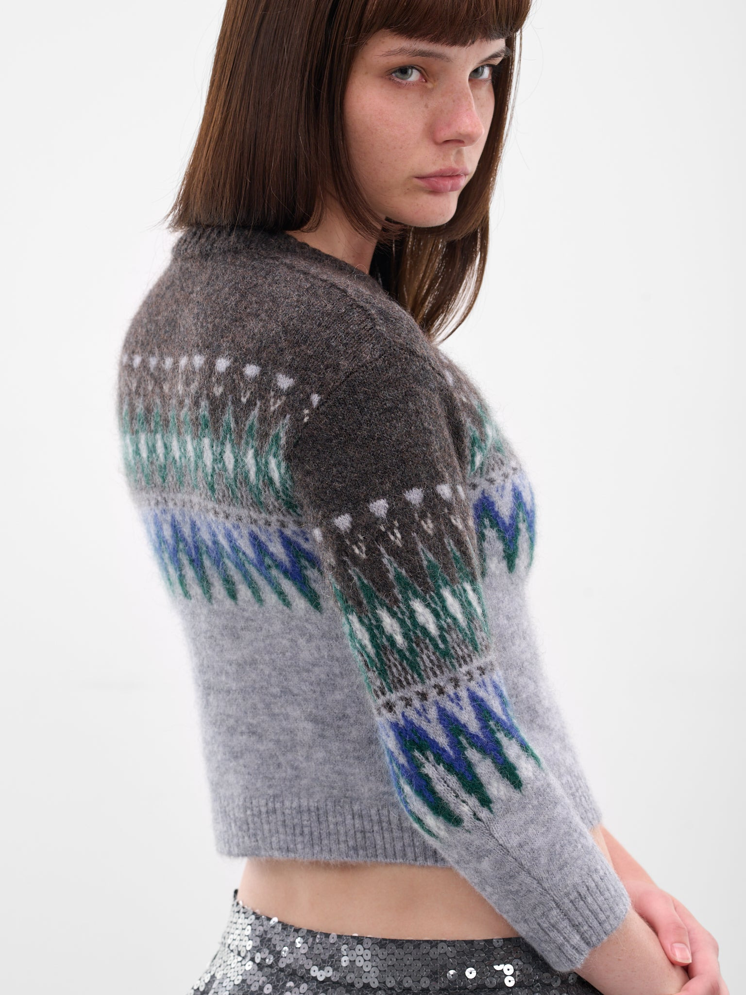 Gray Jacquard Knit Cropped Sweater - 5