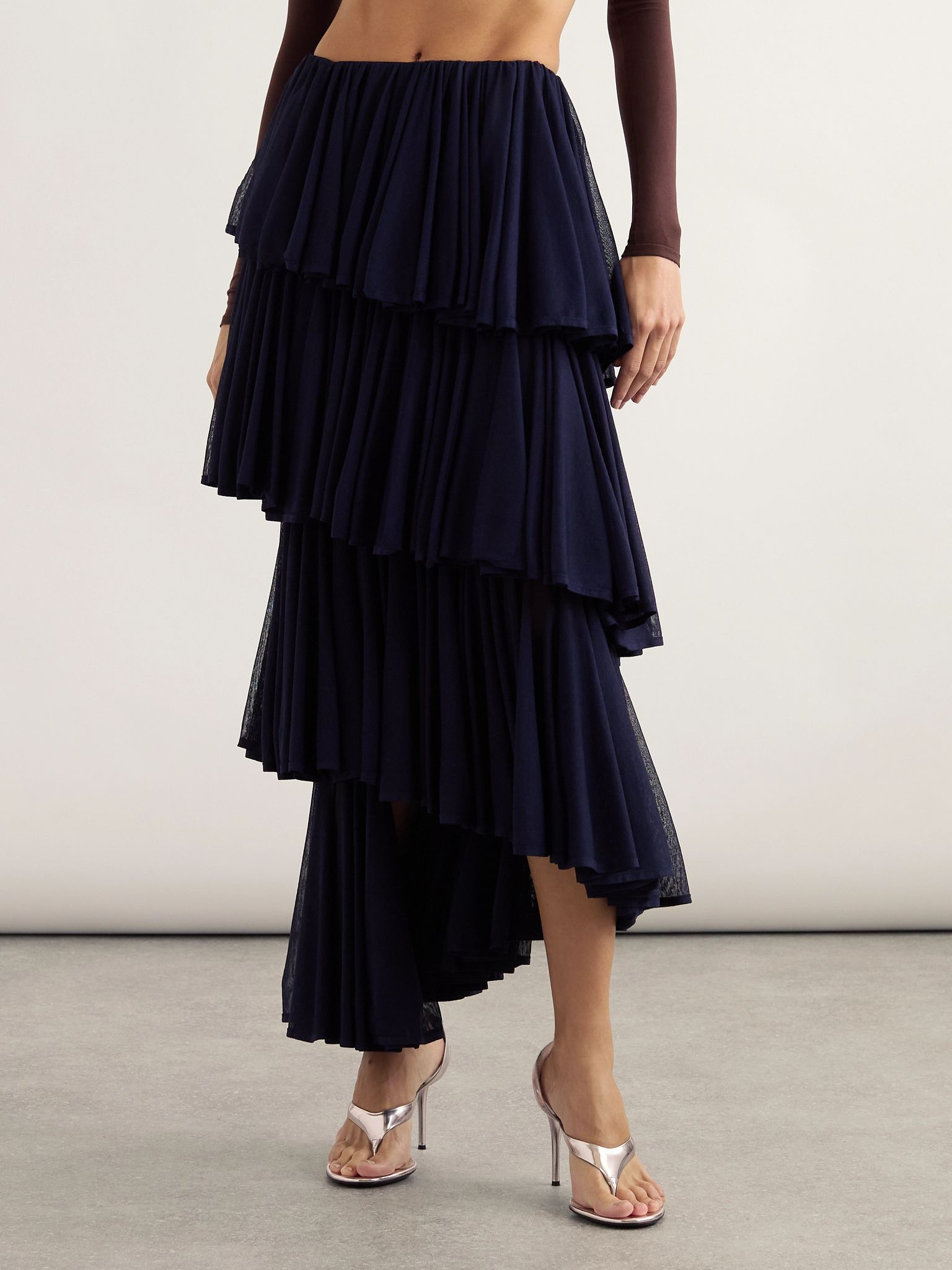 Asymmetric pleated tiered knit midi skirt Navy - 3