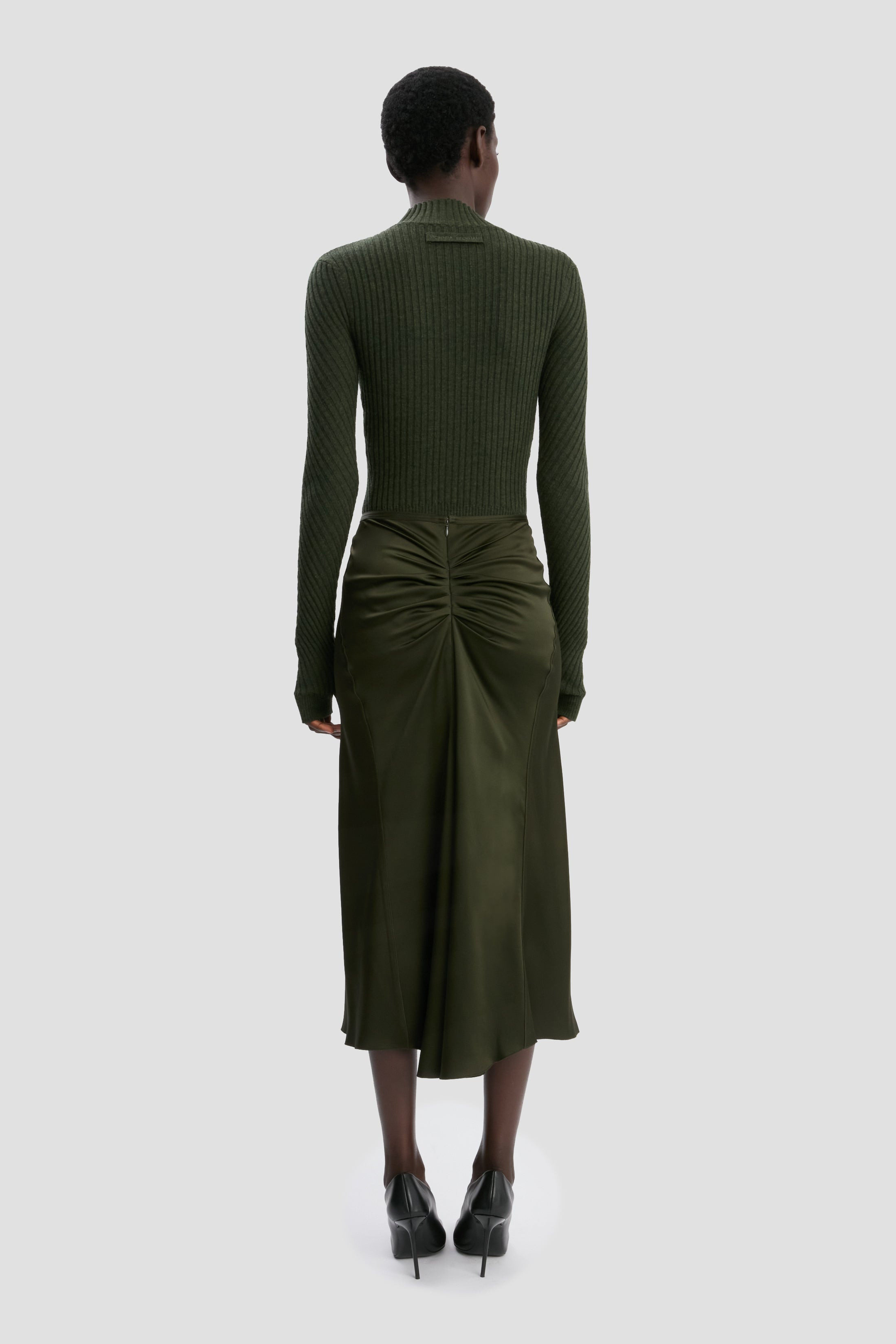 Gathered Waist Midi Skirt In Dark Olive - 4