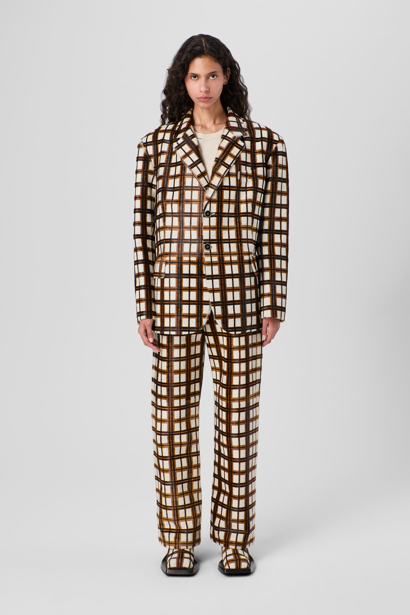 CAMPERLAB Cream-brown tartan hair-on-leather blazer outlook