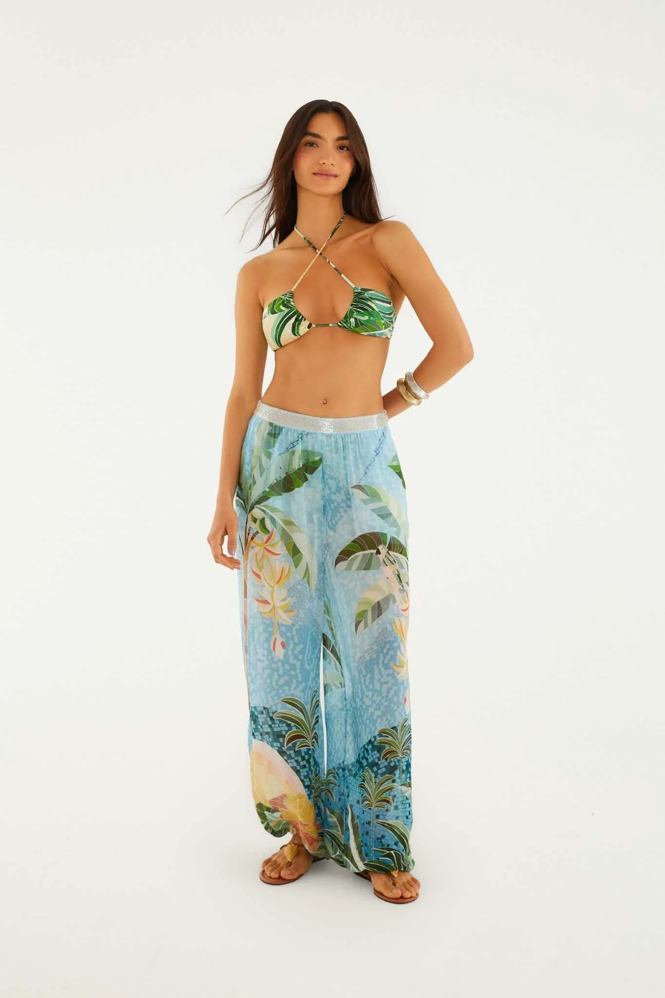 Blue Embroidered Side Buttons Balloon Pants - 1