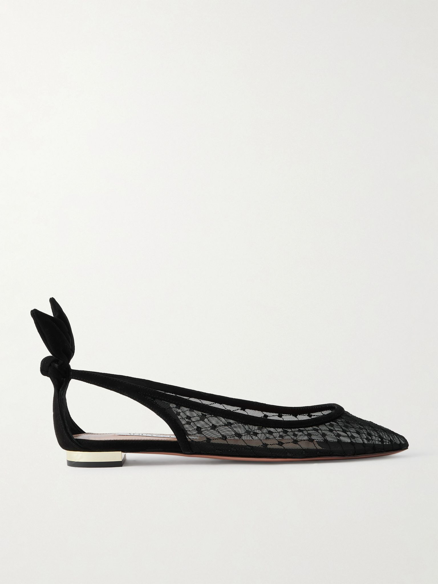 Bow Tie suede-trimmed fishnet pointed-toe ballet flats Black - 1