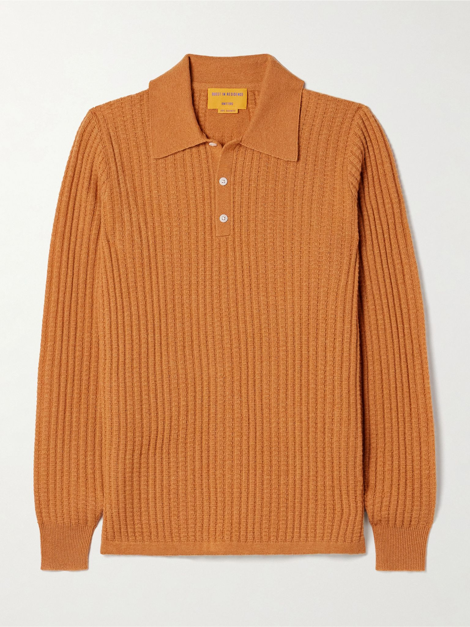 Ribbed waffle-knit cashmere polo sweater Mustard - 1