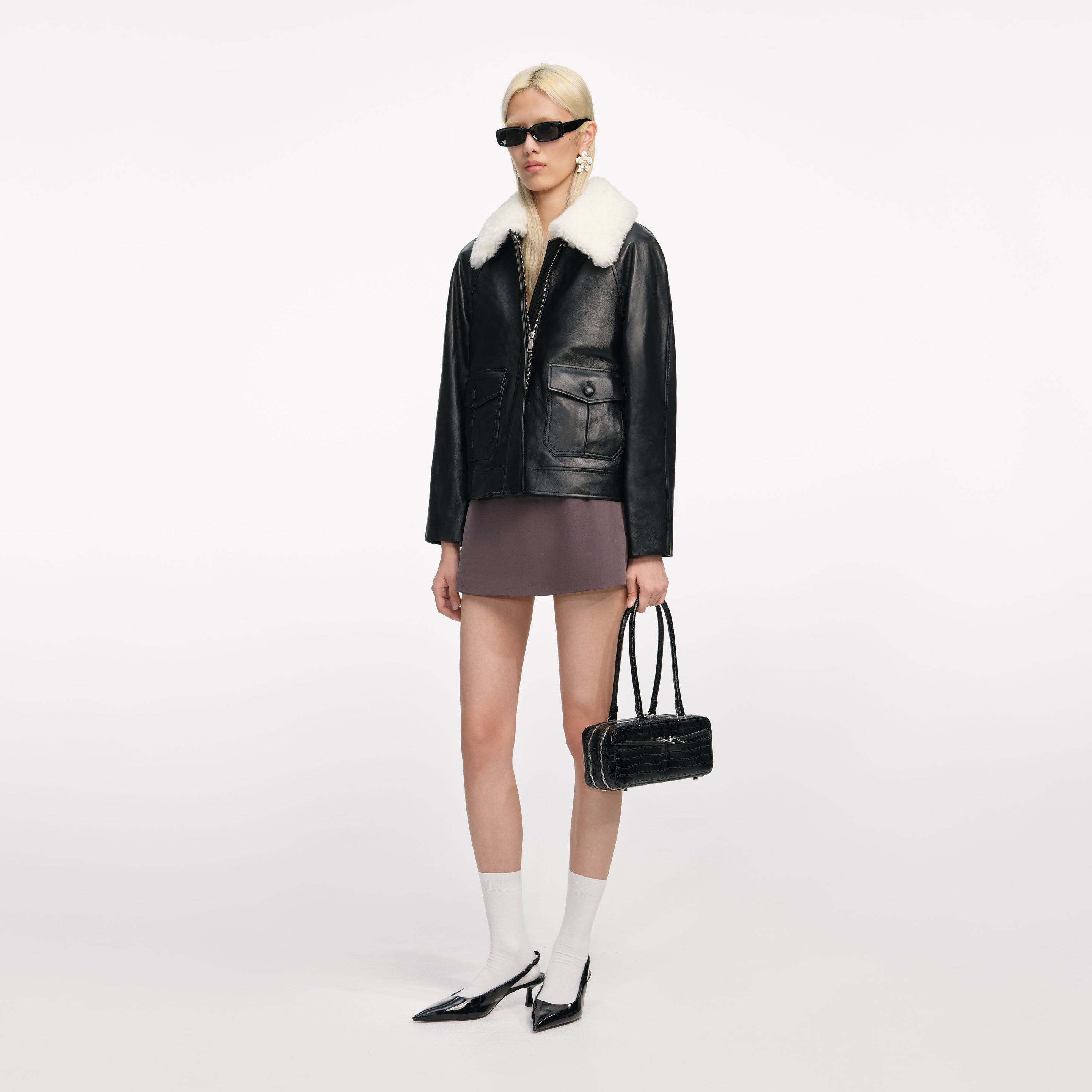 Black Leather Fur Collar Jacket - 2