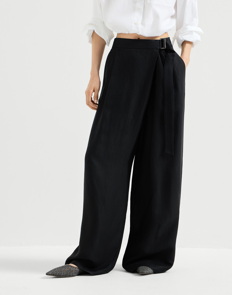 Viscose and linen fluid twill sartorial wrap trousers with monili 2