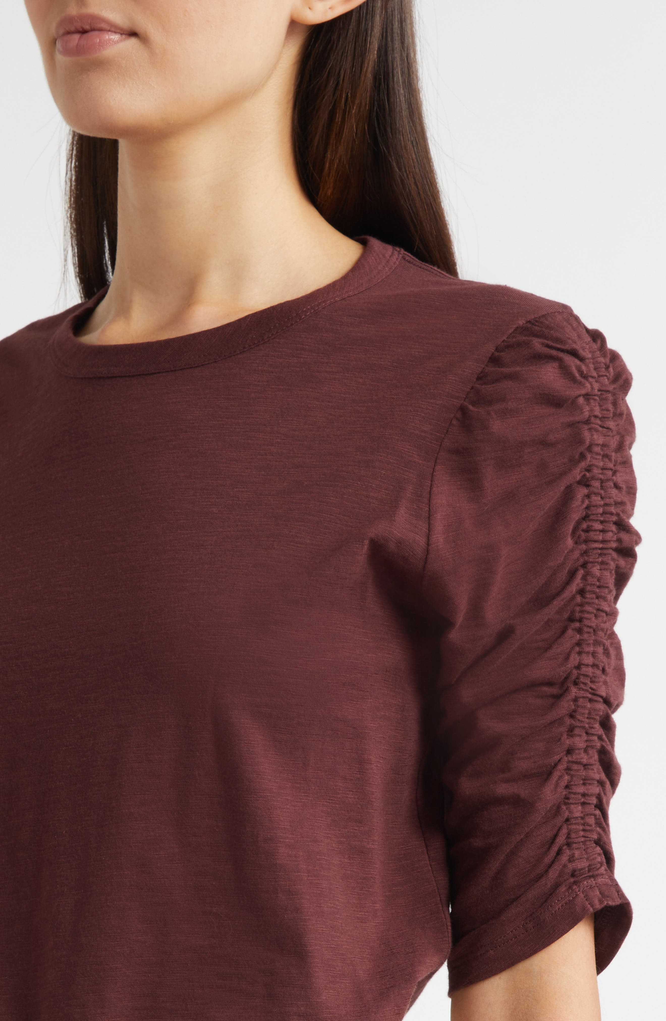 Veronica Beard Waldorf Ruched Sleeve Cotton Slub Top in Raisin at Nordstrom - 4