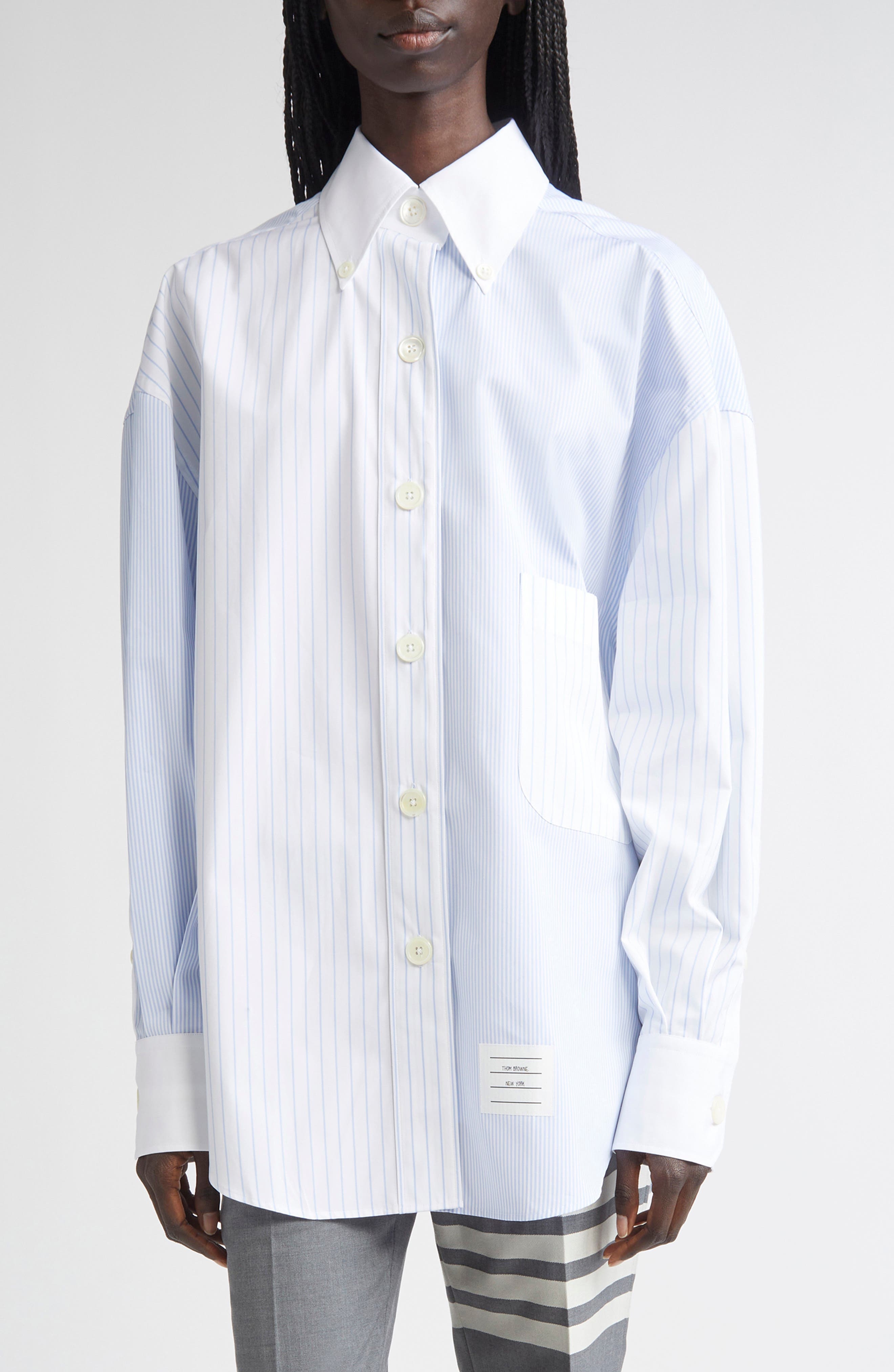 Thom Browne Fin-Mix Stripe Supima® Cotton Poplin Button-Down Shirt in Light Blue at Nordstrom - 1