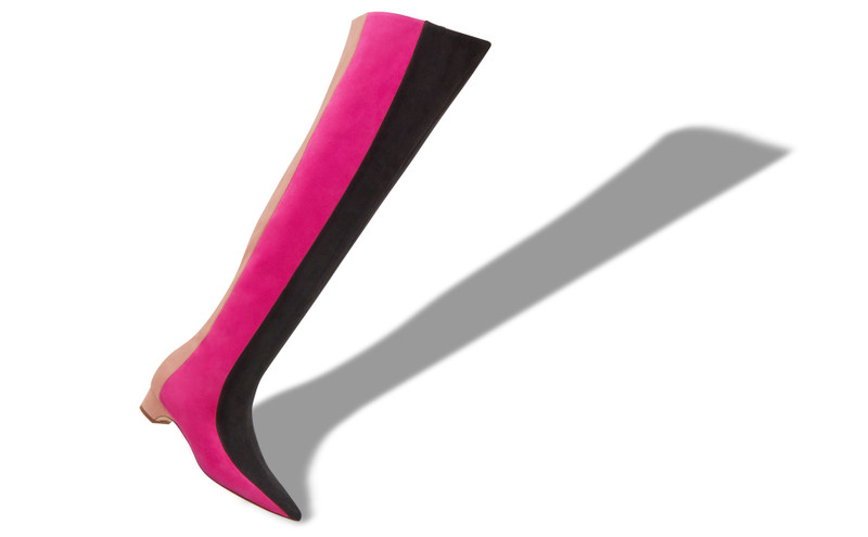 Manolo Blahnik Black, Pink and Beige Suede Thigh High Boots outlook