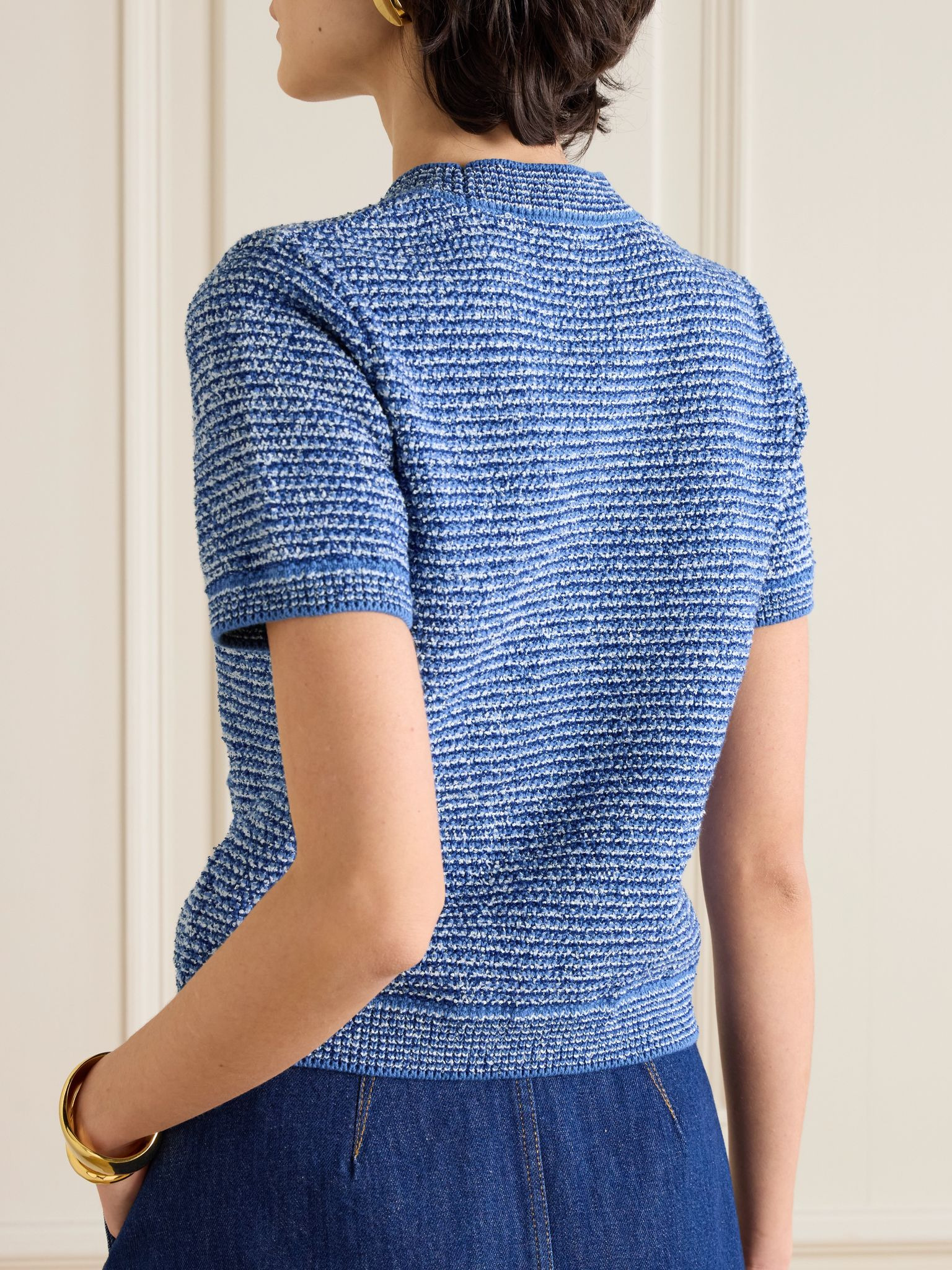 Striped cotton-blend bouclé top Light denim - 4