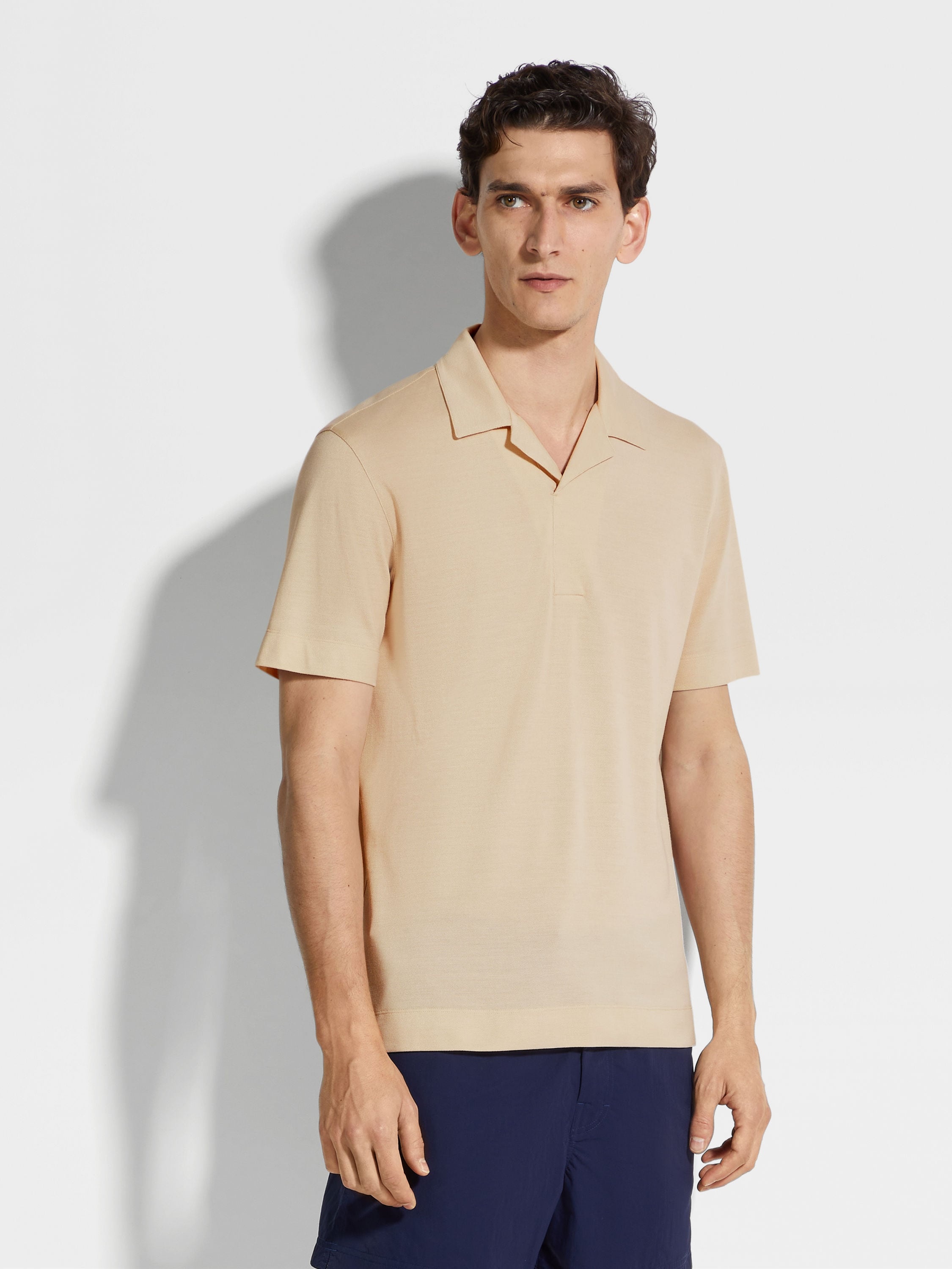 LIGHT BEIGE SILK AND COTTON PIQUET POLO SHIRT - 4