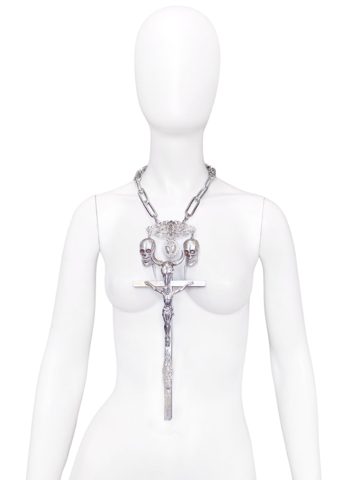 Jean Paul Gaultier 90S Sample 1/1 XXL Silver Crucifix Cross Bull Skull Spiked Chain Necklace - 4