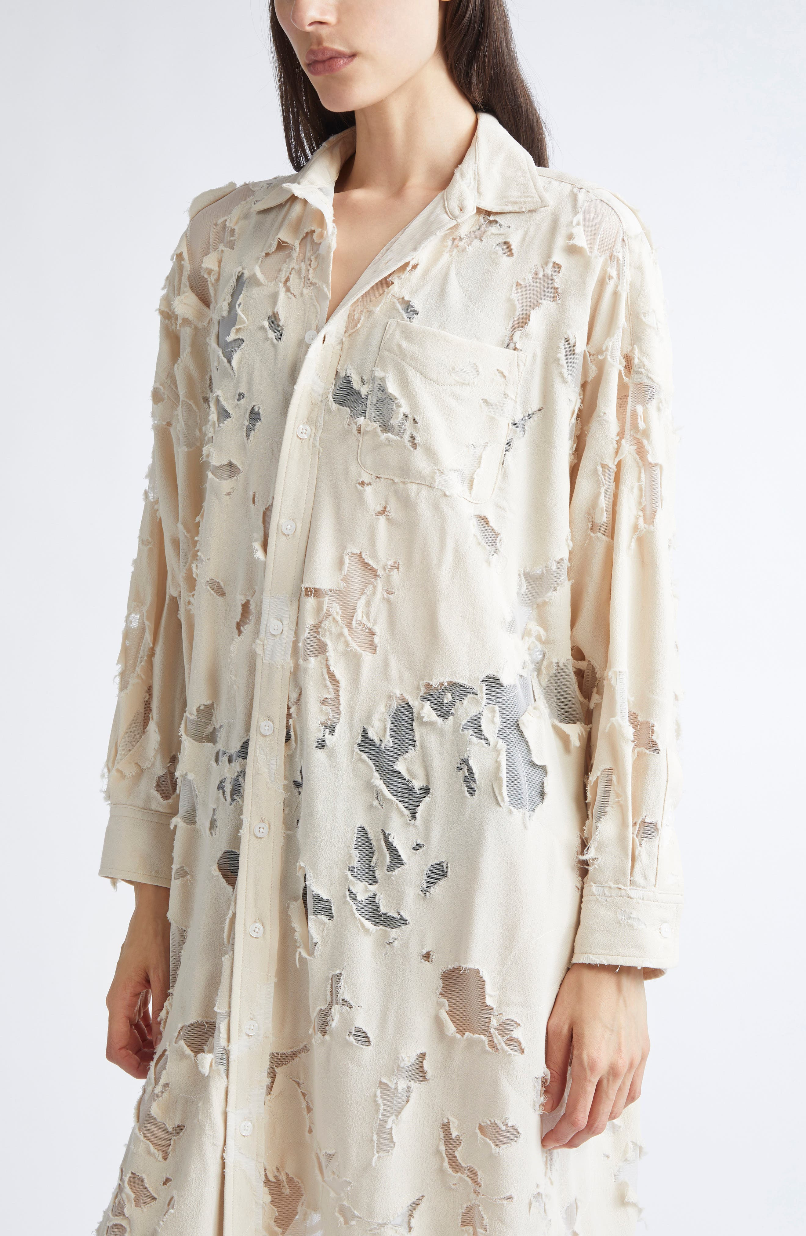 R13 Long Sleeve Burnout Jumbo Shirtdress in Ivory at Nordstrom - 4