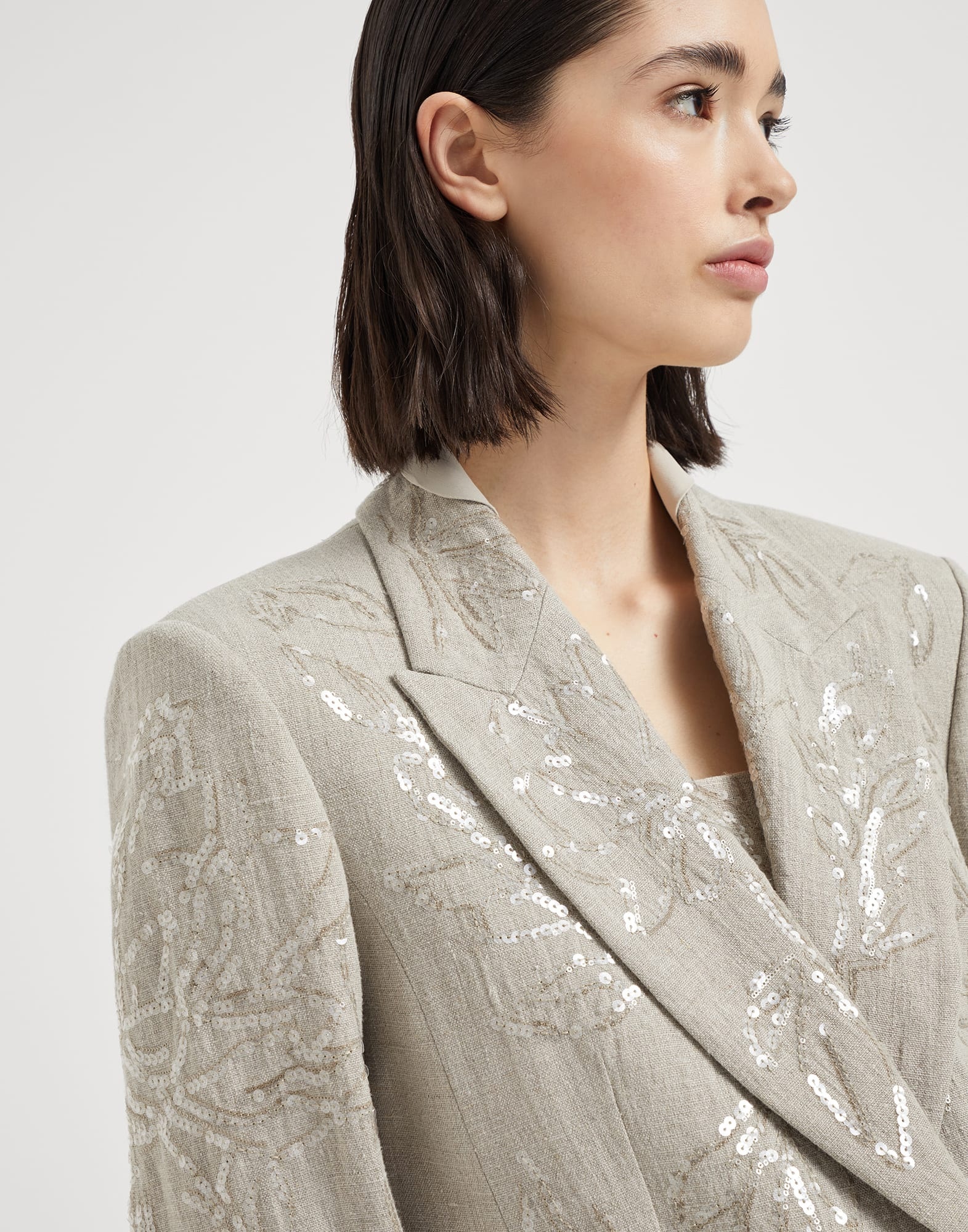 Linen canvas blazer with dazzling flower embroidery - 3