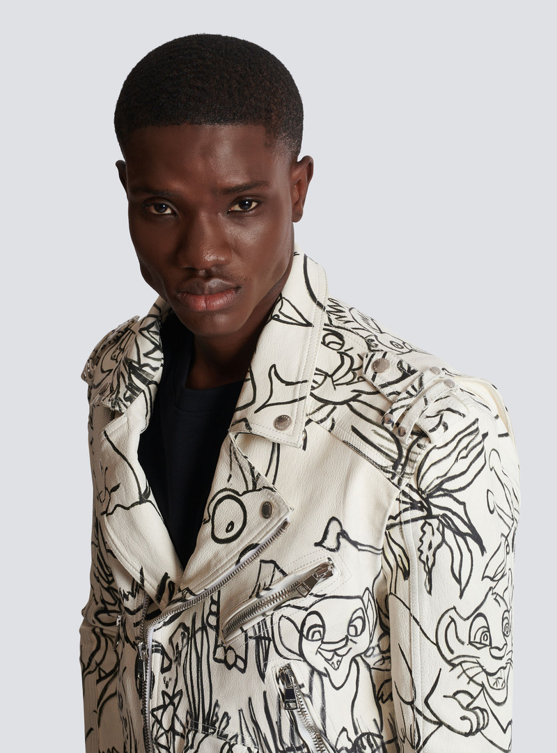 Disney x Balmain: The Lion King - Leather biker jacket with Enfant Précoce print 7