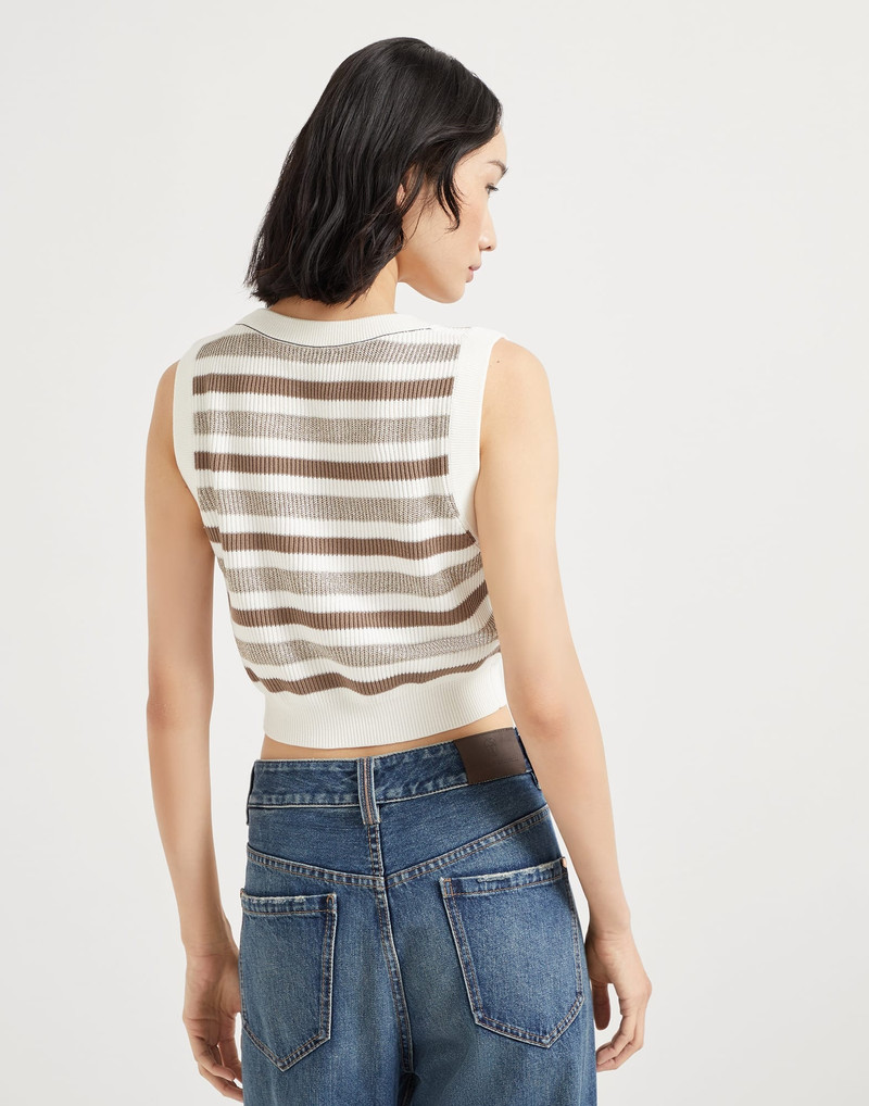 Brunello Cucinelli Sparkling striped cotton knit top with monili outlook