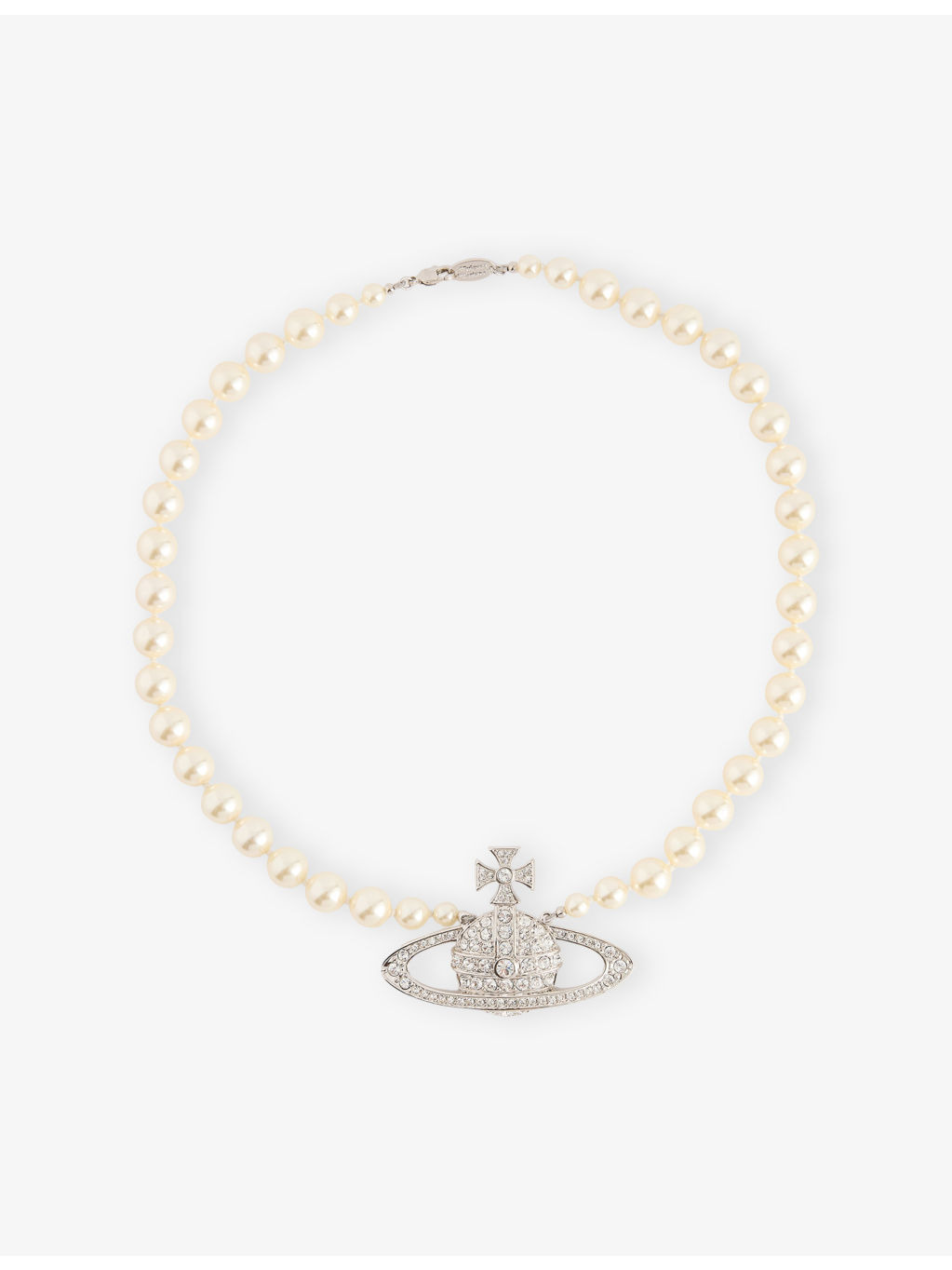 Bas Relief orb-pendant brass, Swarovski crystals and pearl necklace - 1
