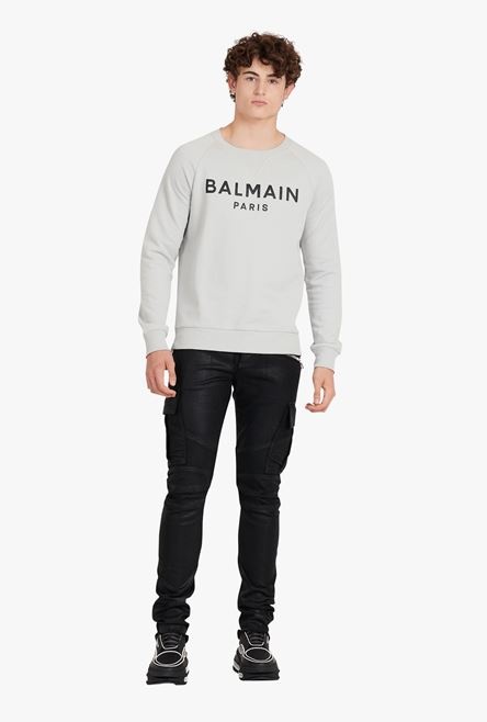 Light gray eco-designed cotton sweatshirt with black Balmain Paris metallic logo print - 2