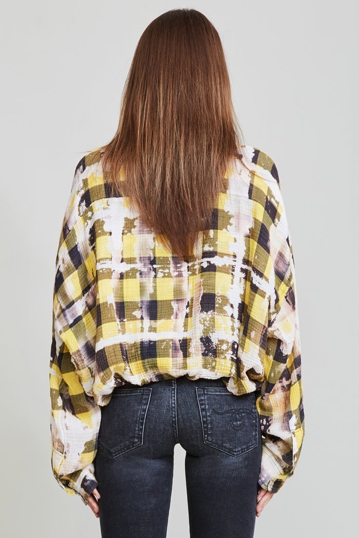 Gathered Hem Work Shirt - Bleached Yellow Plaid - 3