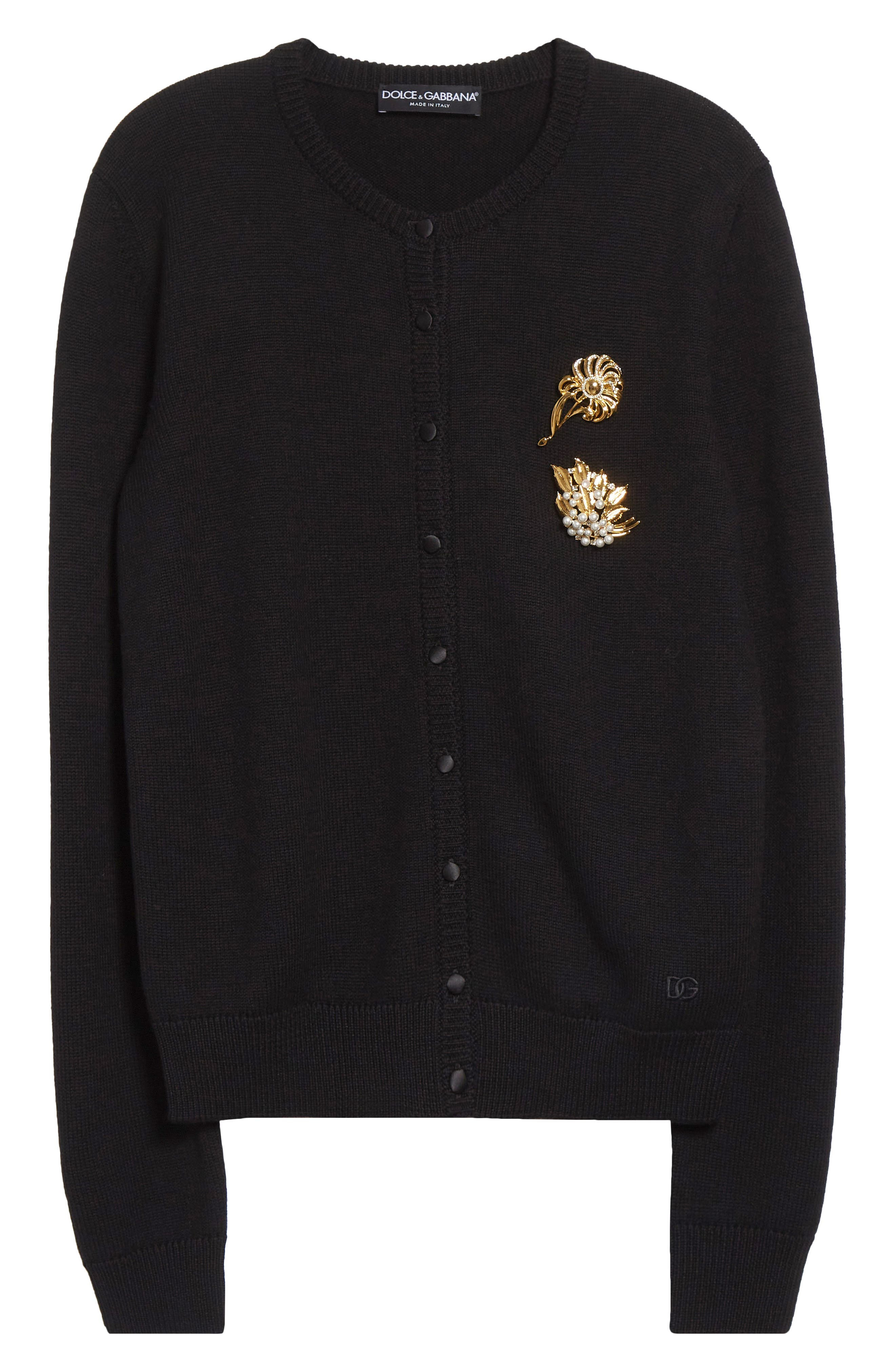 Dolce&Gabbana Floral Brooch Virgin Wool Cardigan in N0000 Nero at Nordstrom - 1
