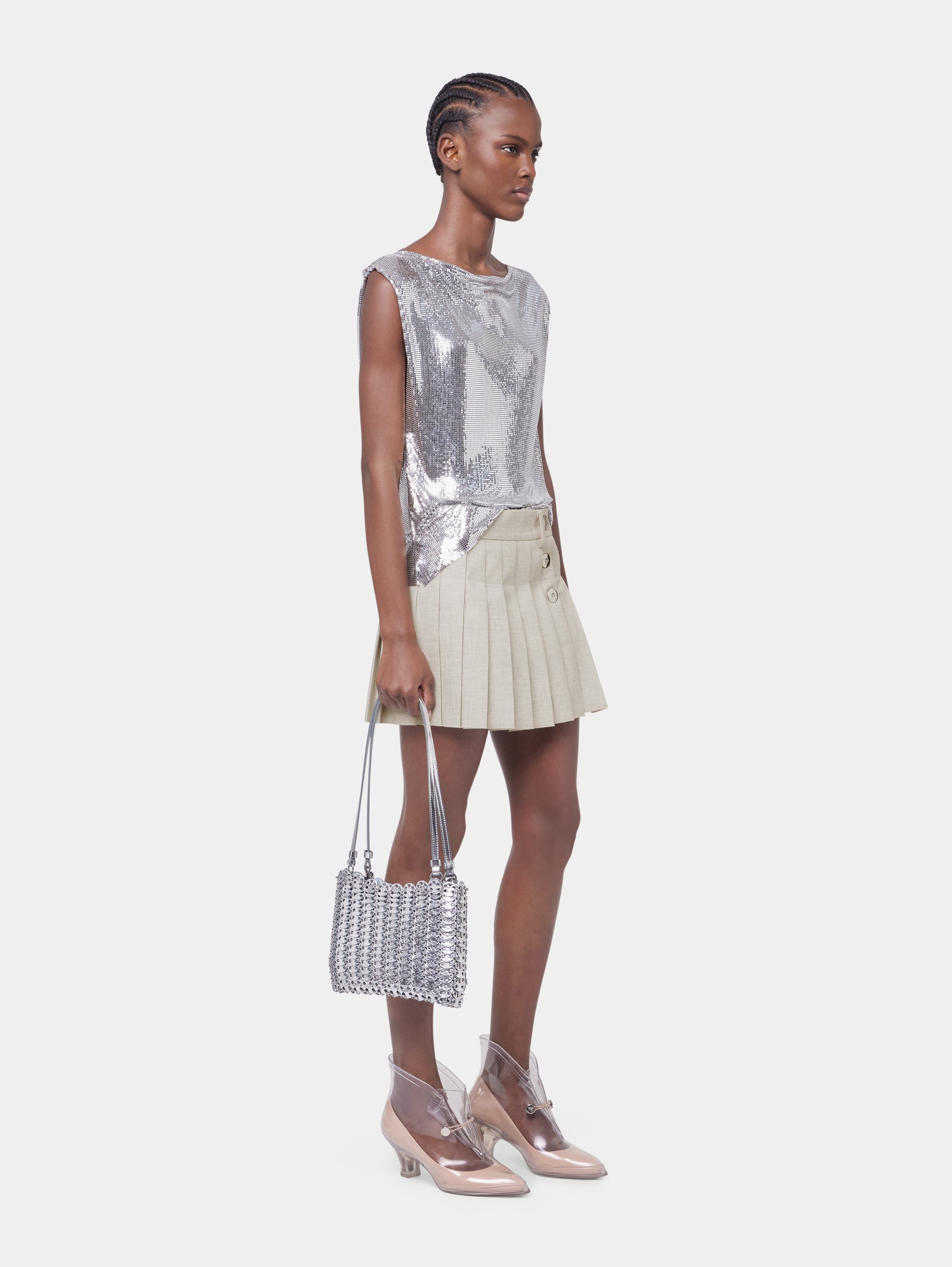 BEIGE MINI SKIRT IN MOTTLED WOOL - 5