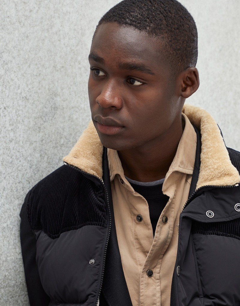 Bonded nylon paneled down vest with shearling-lined collar 3