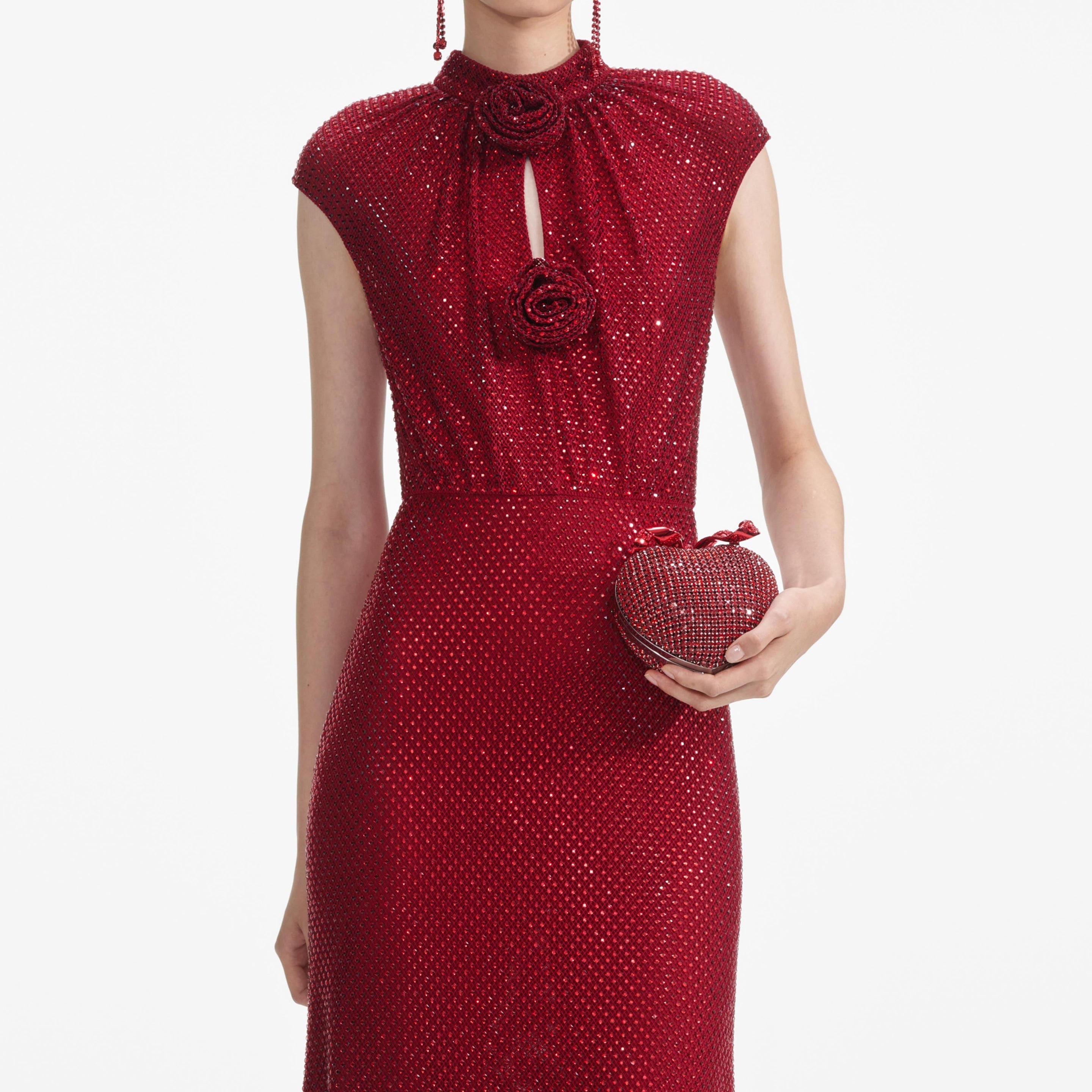 Red Rhinestone Fishnet Midi Dress - 4