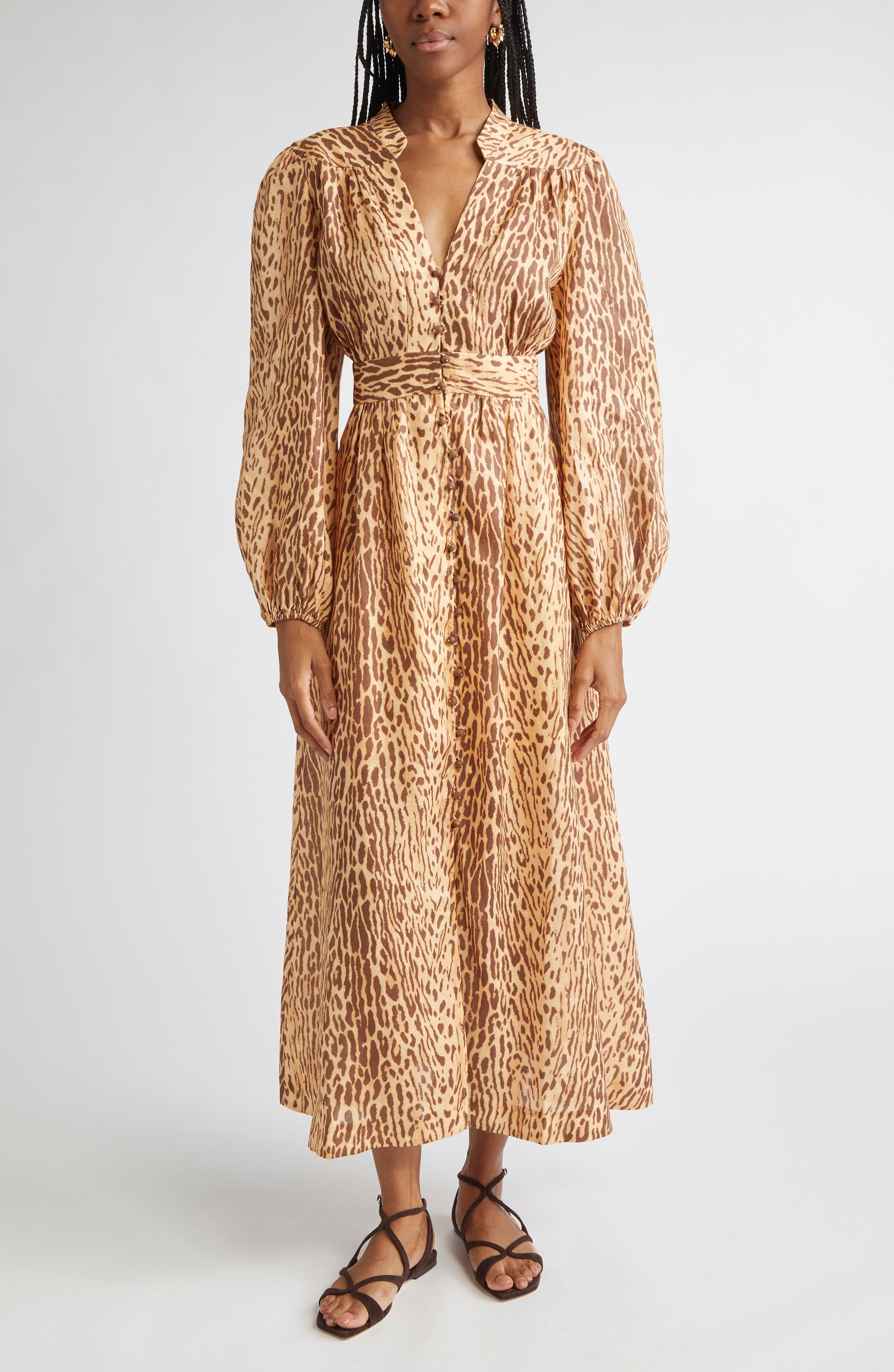 Zimmermann Cascadian Leopard Print Long Sleeve Linen Midi Dress in Tan Leopard at Nordstrom - 1
