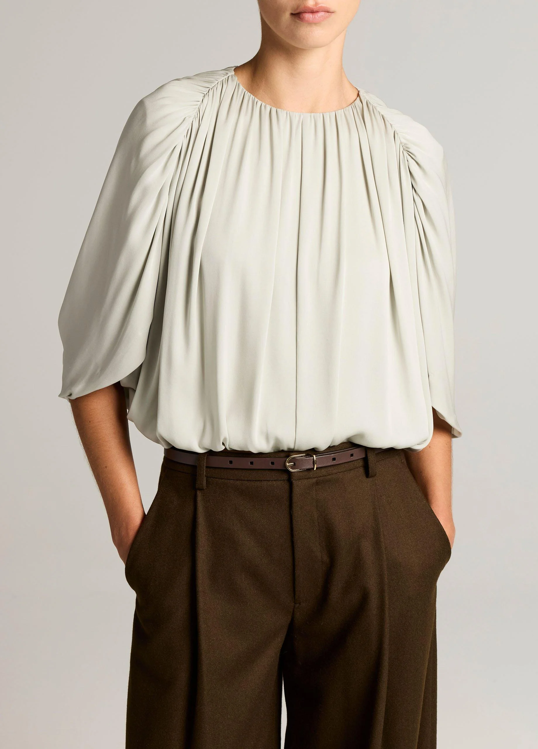 Stretch-Silk Cape-Sleeve Bubble Blouse - 1