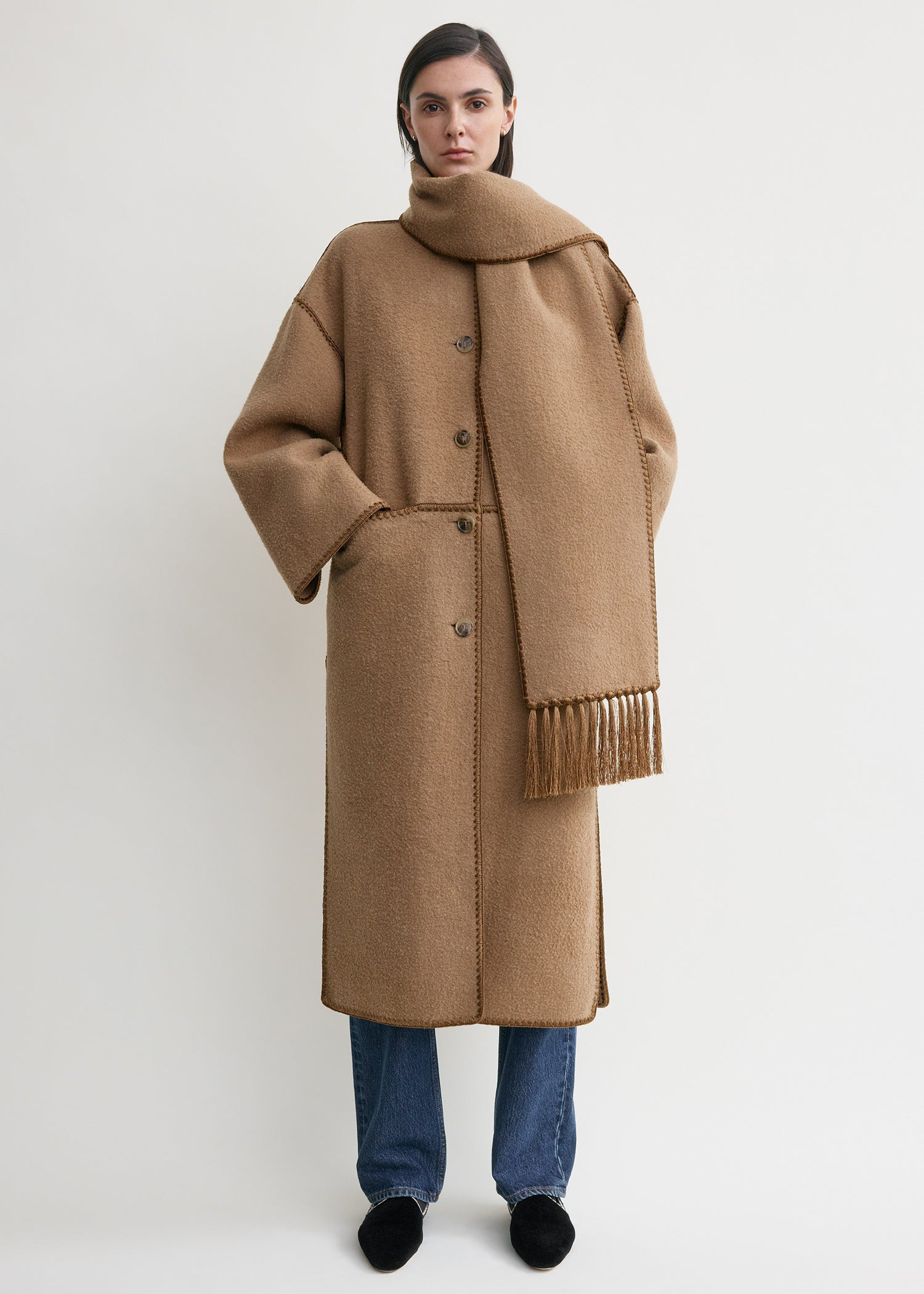 Embroidered scarf coat camel - 2