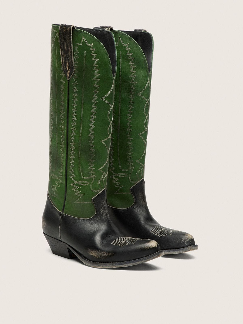 Golden Goose Women's high Wish Star boots in black leather with green leather leg and white embroidery outlook