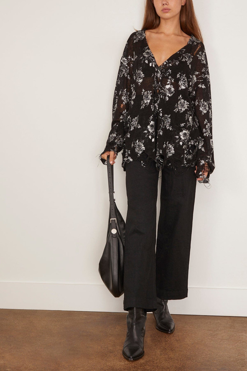 R13 Printed Boyfriend Cardigan in Silver Floral on Black outlook